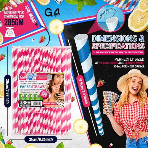 G4GADGET 250-Pack Assorted Biodegradable Paper Straws - Sturdy, Multi-Colored for Drinks & Crafts 4