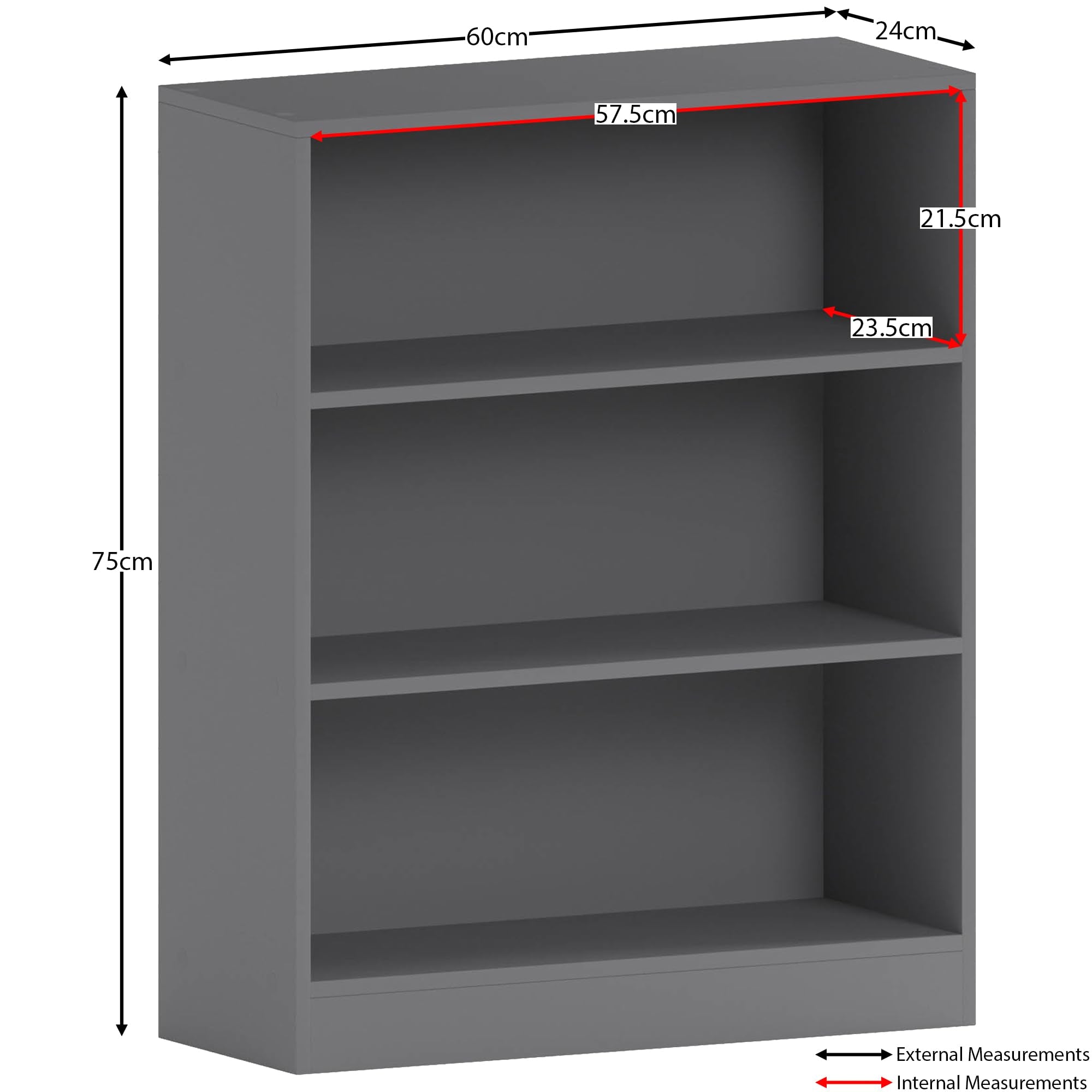 Vida Designs Cambridge 3 Tier Low Bookcase - Grey Wooden Shelving | Chipboard & MDF Construction | H 75 x W 60 cm 3