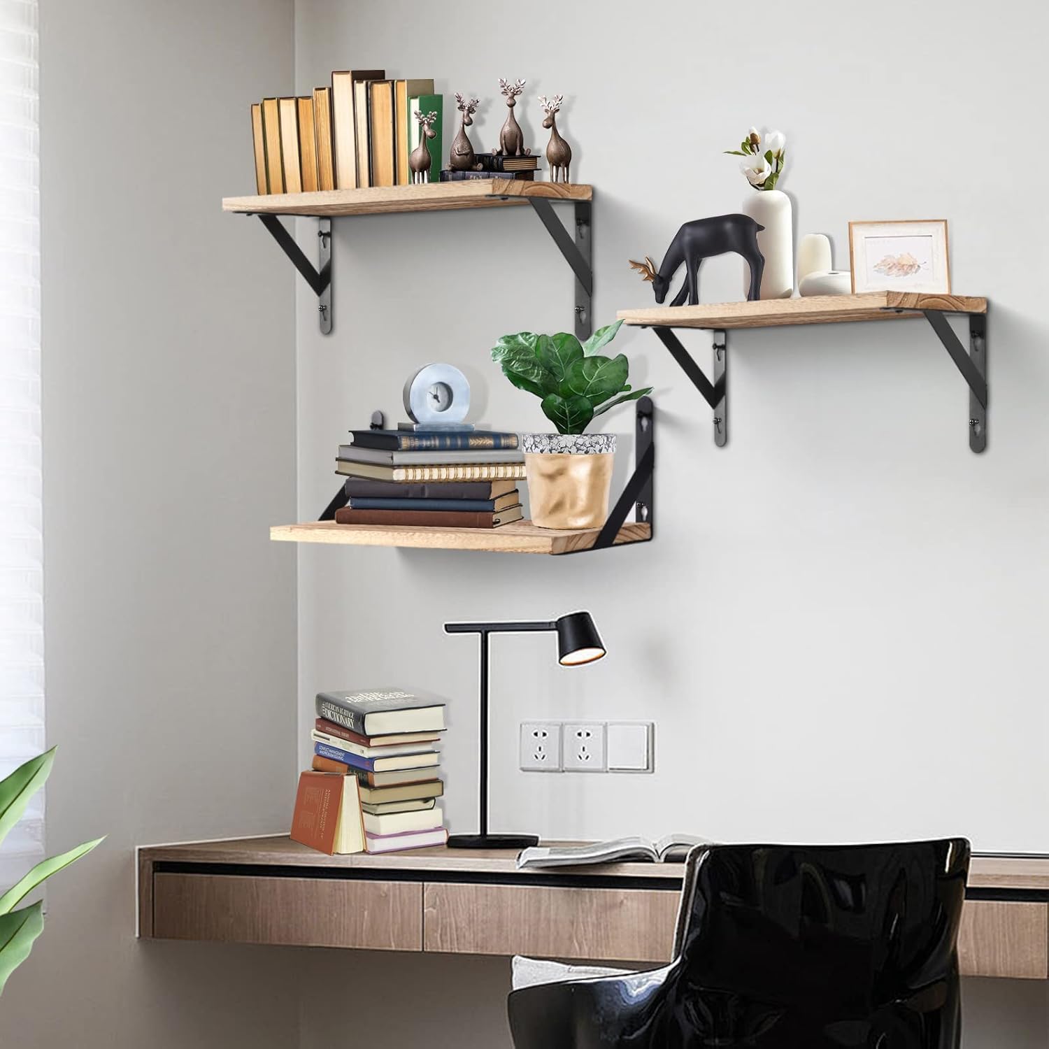 himaly Rustic Wooden Floating Shelves Set of 2 | Max Load 15kg | Light Wood Finish | 42x14.2x15cm 2