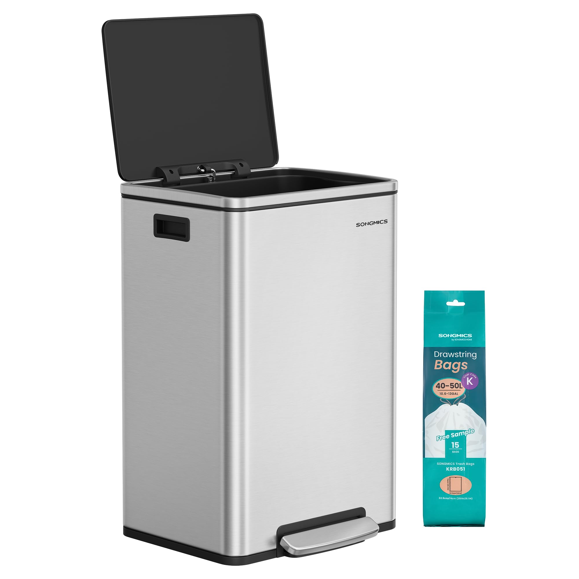 SONGMICS 50 L Stainless Steel Kitchen Bin with Foot Pedal | Rust & Fingerprint Resistant | Includes 15 Bin Bags 1
