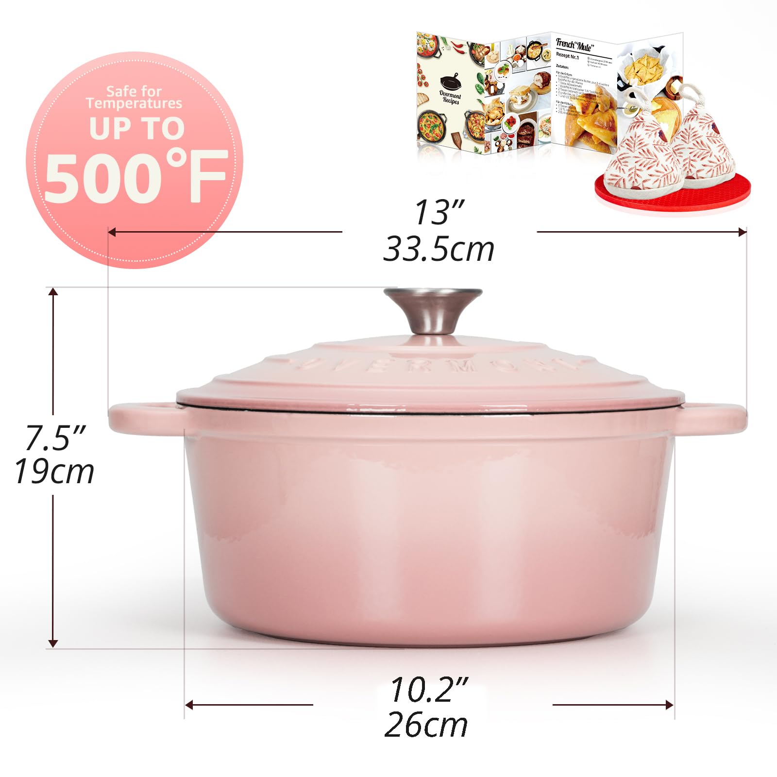 OVERMONT 26cm/5.2L Enamelled Cast Iron Dutch Oven - Pink, 5.5QT | Includes Potholders 2