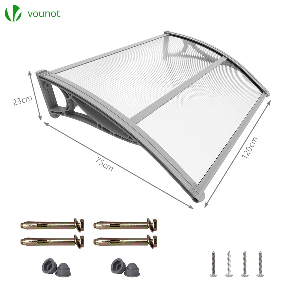 VOUNOT Front Door Canopy Awning - Polycarbonate & Aluminum | 120 x 80 cm Grey Shelter 5
