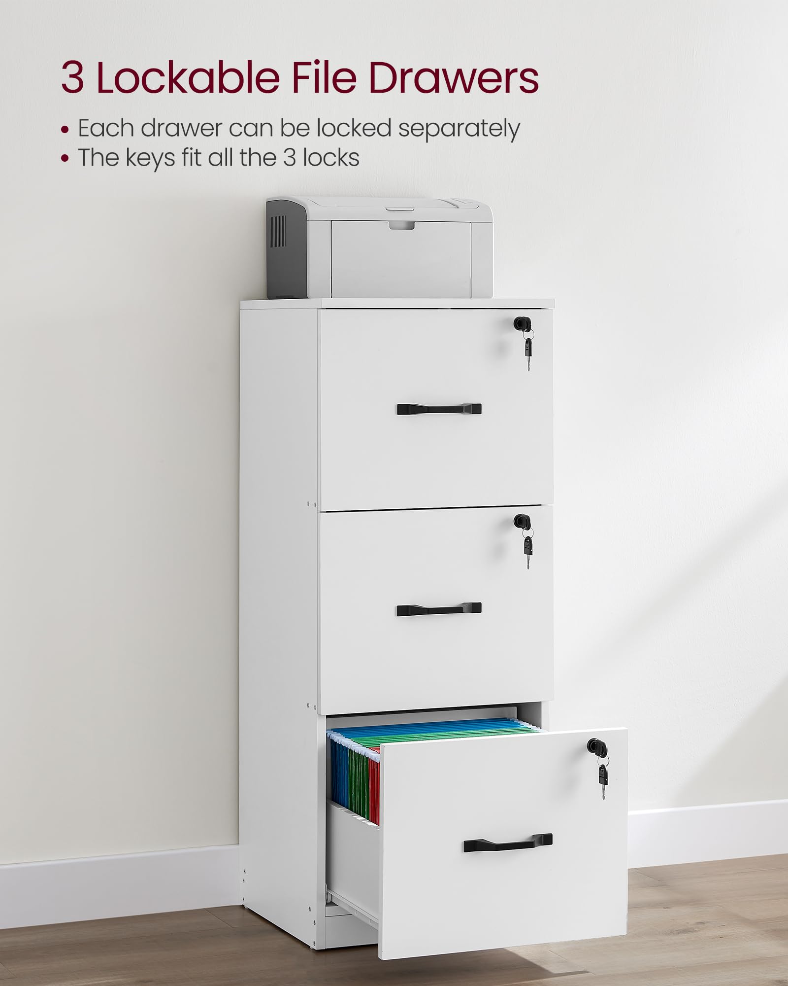 VASAGLE File Cabinet, Filing Cabinet for Home Office, Printer Stand, with 3 Lockable Drawers, Adjustable Hanging Rails, for A4 and Letter-Size Files, Cloud White OFC055W14 3
