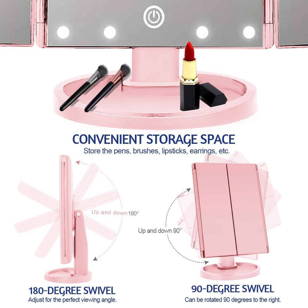 Woobroo Lighted Makeup Mirror - 22 LED Touch Control Dimmable | 1X/2X/3X/10X Magnification | 180° Rotation | Pink 5