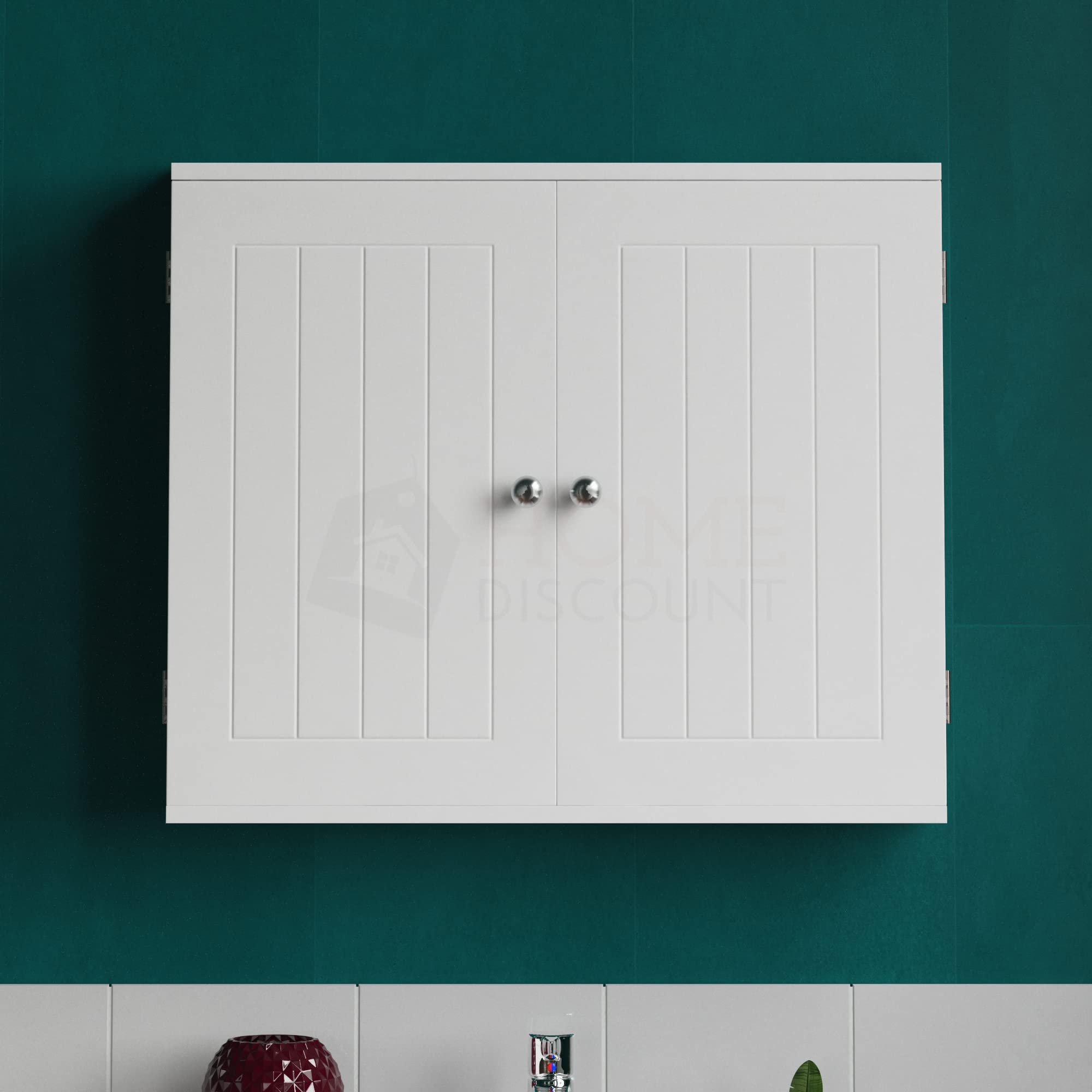 Bath Vida Double Door Wall Mounted Bathroom Cabinet - White Wood Finish | H 50 x W 60 x D 15 Cm 3