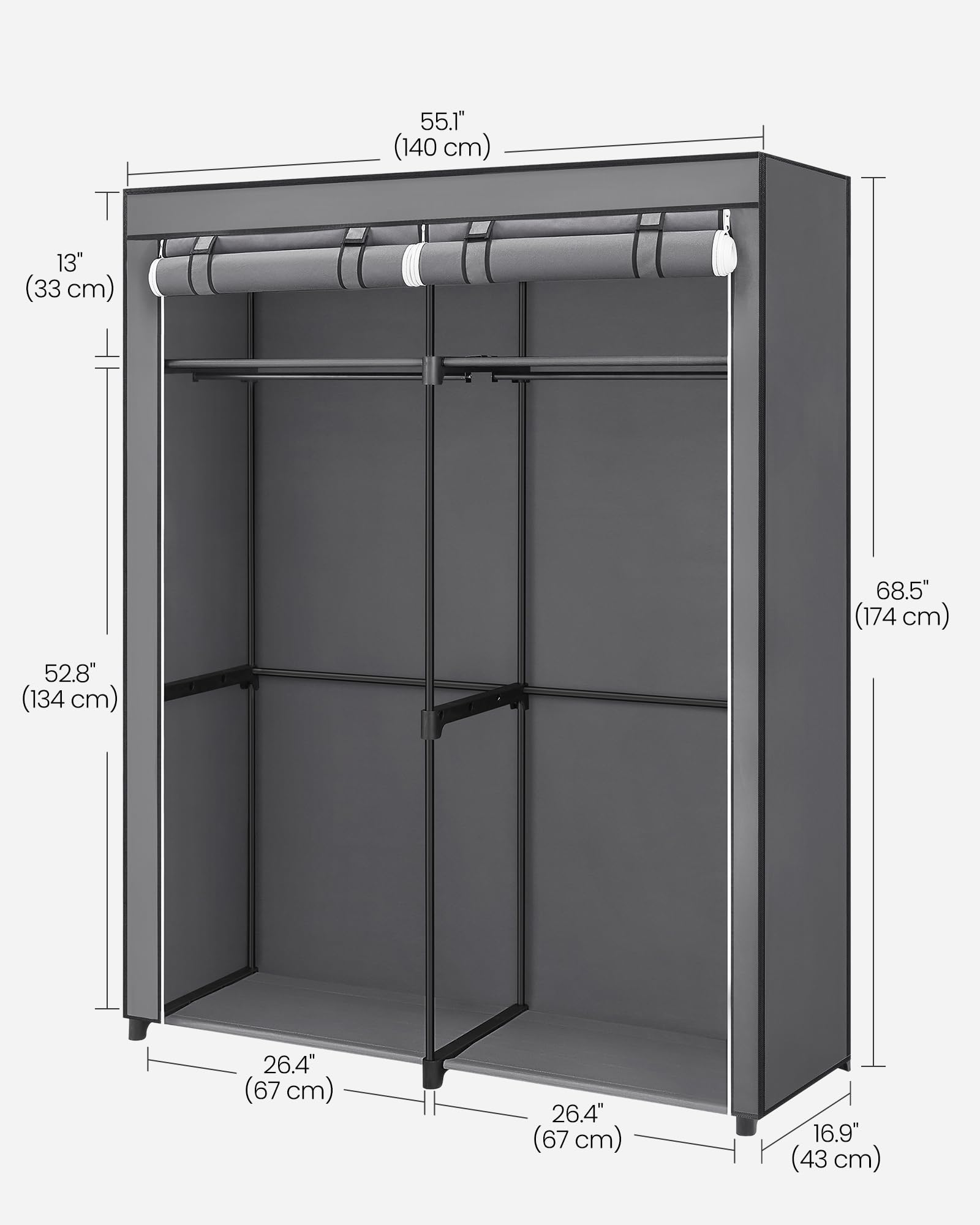 SONGMICS Portable Foldable Closet Wardrobe with 2 Hanging Rails | Grey | 140x43x174cm 7