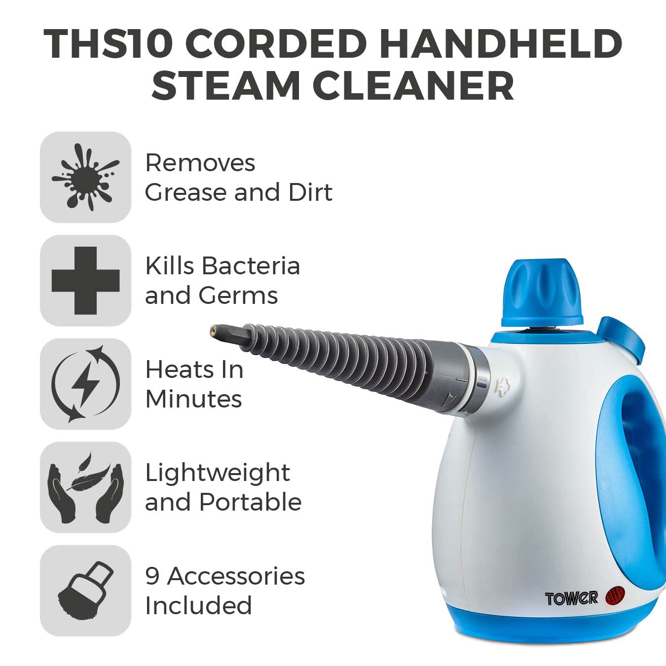 Tower Handheld Steam Cleaner - Kills 99.99% Bacteria | 1050W Power | 3 Min Heat Up 2