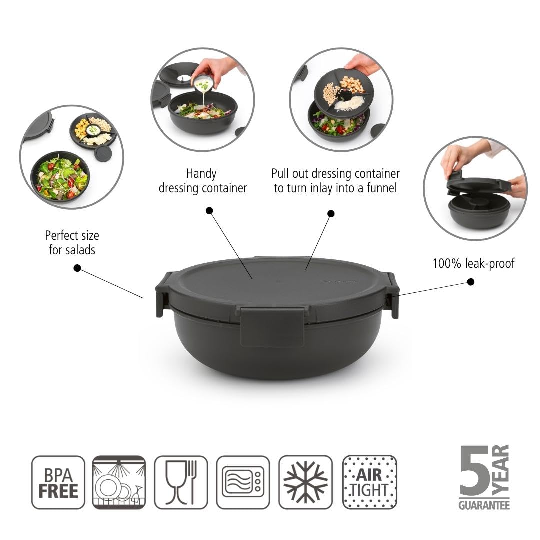 Brabantia Make & Take Salad Bowl - 1.3L Capacity, Dark Grey, Leakproof | Dishwasher Safe 2