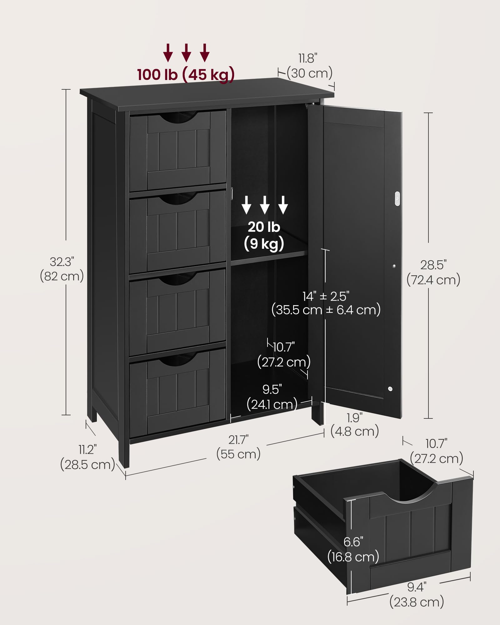 VASAGLE Bathroom Floor Storage Cabinet - 4 Drawers | Adjustable Shelf | Ink Black | 30x55x82 cm 3