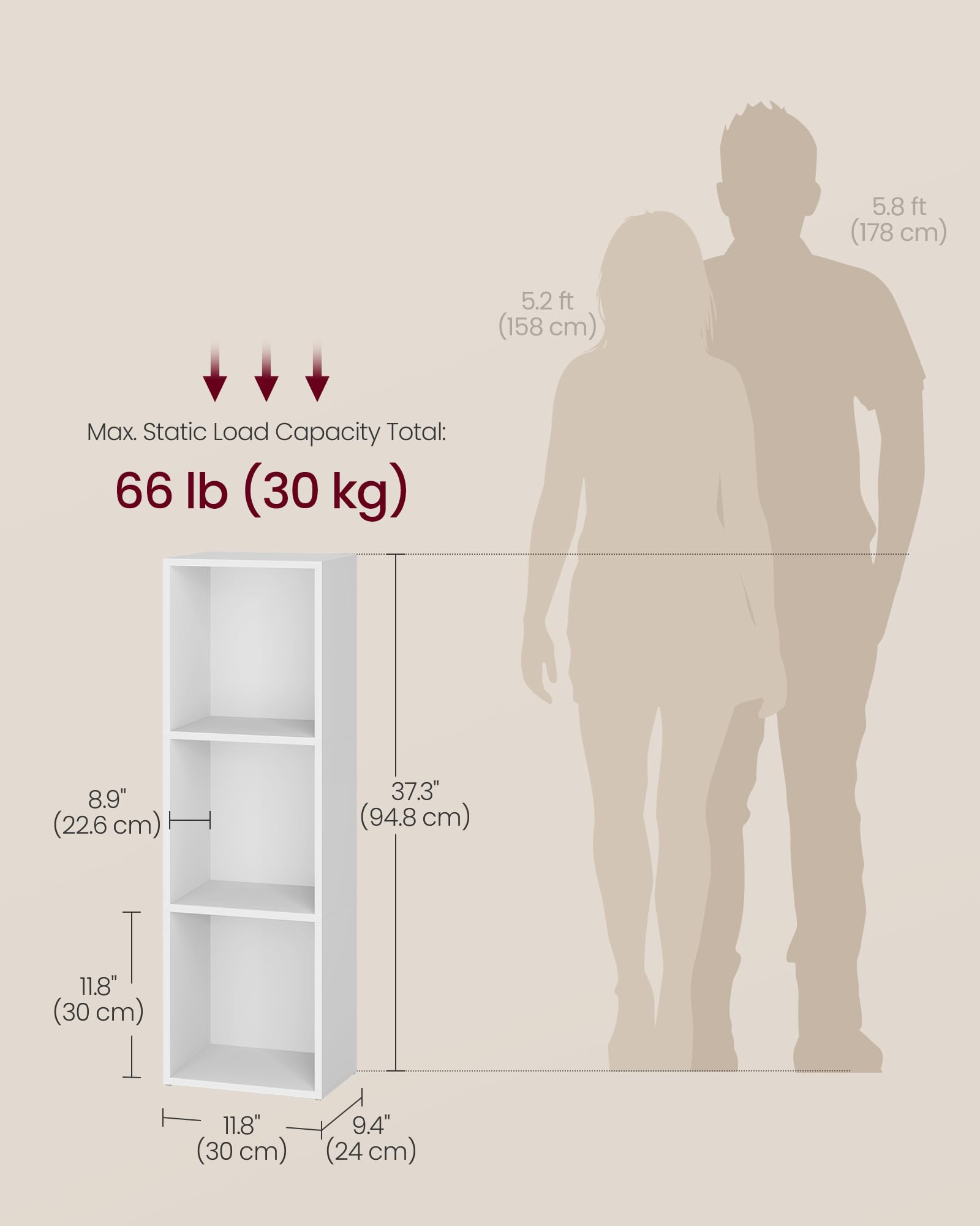 VASAGLE CUSTOS Collection Bookshelf - 3-Tier Cube Storage | Cloud White | 24 x 30 x 94.8 cm 3