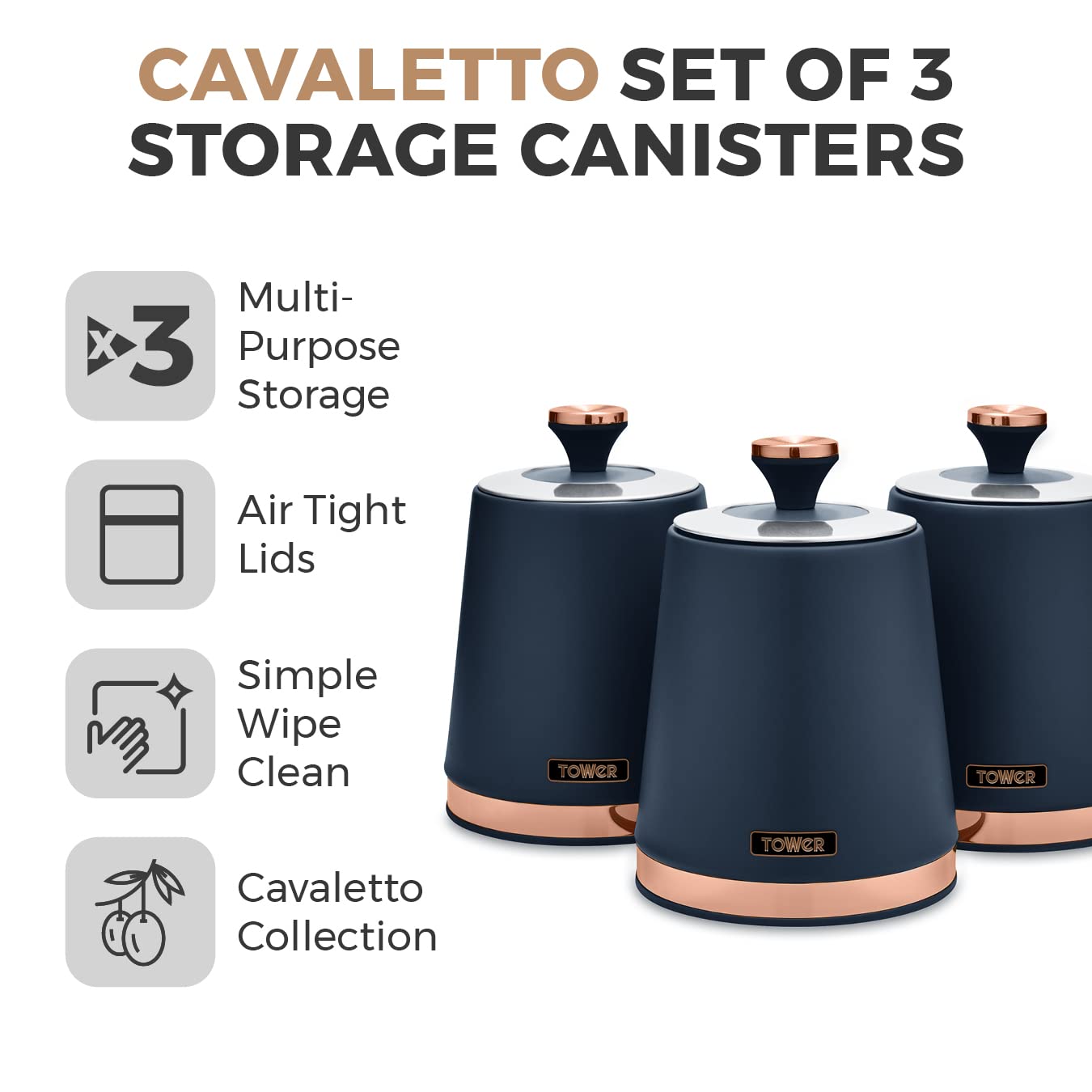 Tower Cavaletto Set of 3 Storage Canisters for Tea/Coffee/Sugar | 1.3L Capacity | Midnight Blue & Rose Gold 2