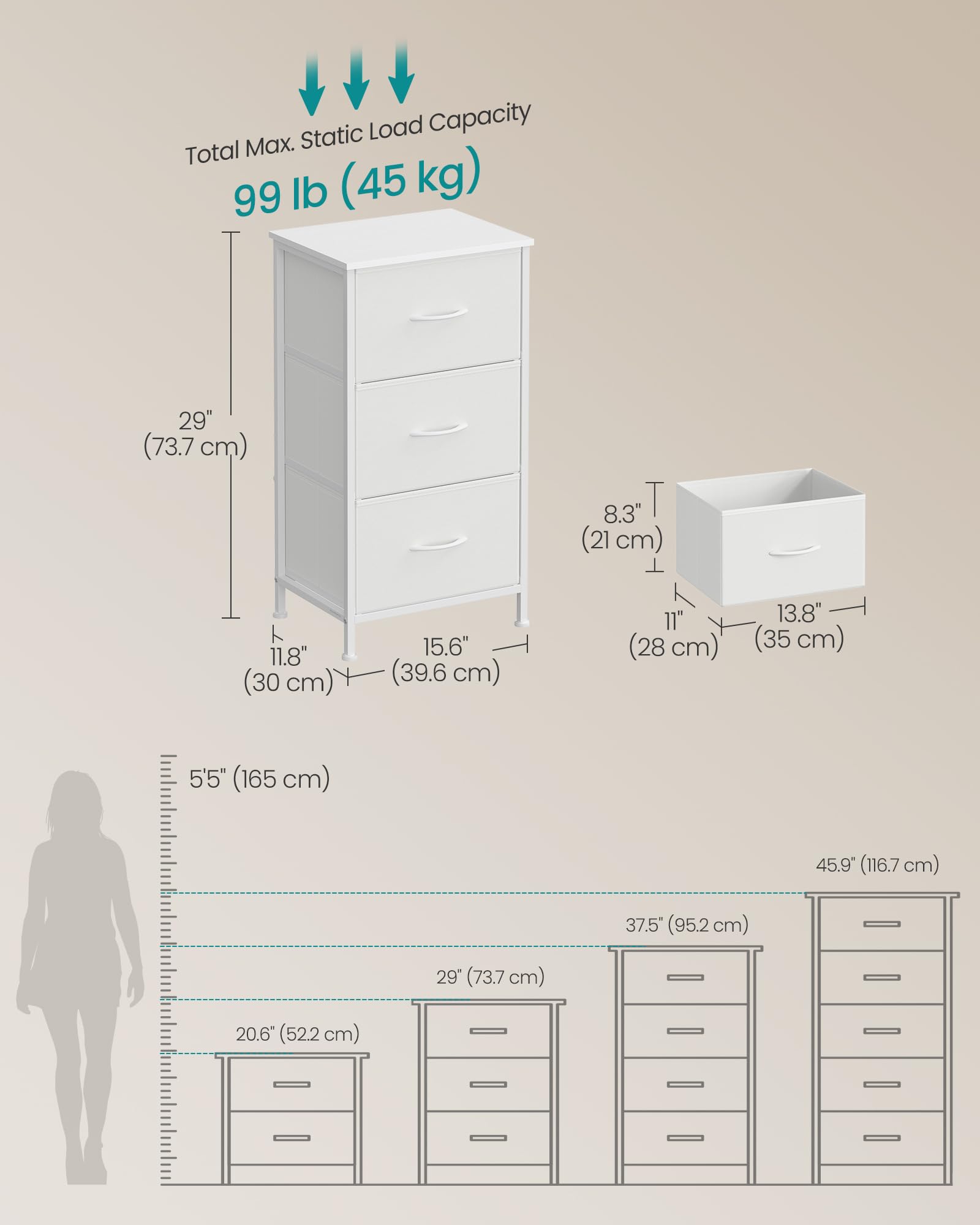 SONGMICS Chest of Drawers - 3 Fabric Drawers Storage Unit | Steel Frame | Cloud White + Snow White 2