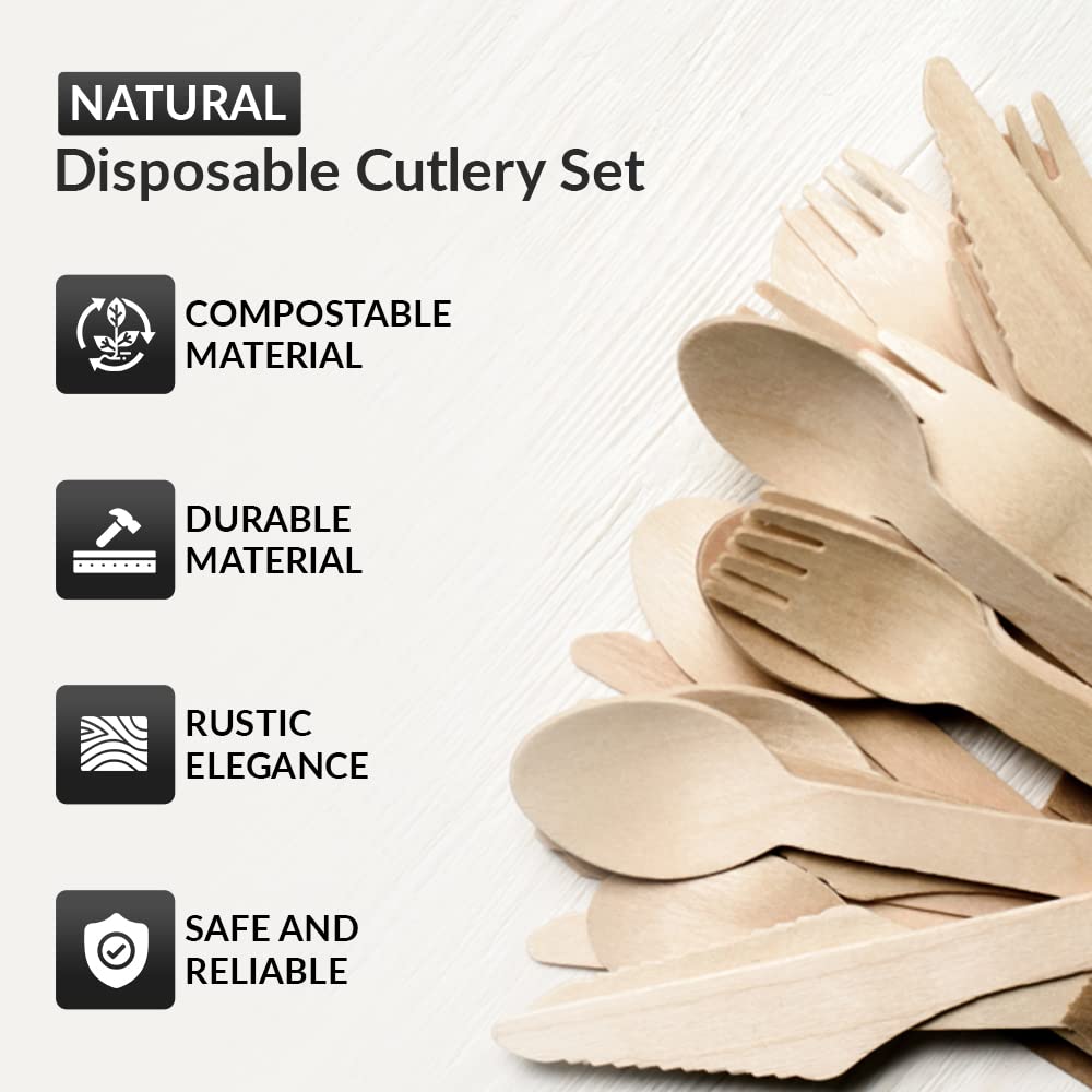 1ABOVE 100 Pk Disposable Wooden Cutlery Set - Biodegradable & Sturdy for Hot/Cold Foods 3