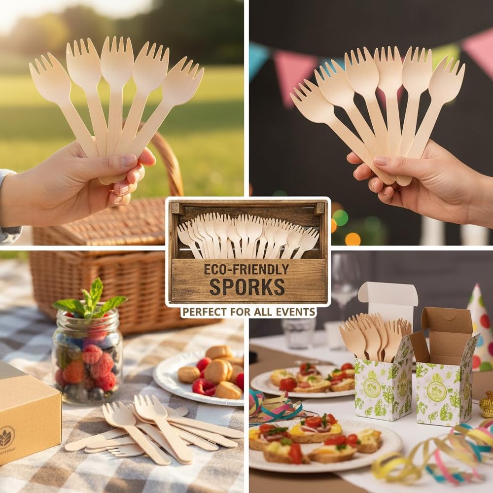 1ABOVE 100pcs Birch Wood Sporks - 15.5cm Eco-Friendly Disposable Cutlery for Parties 7