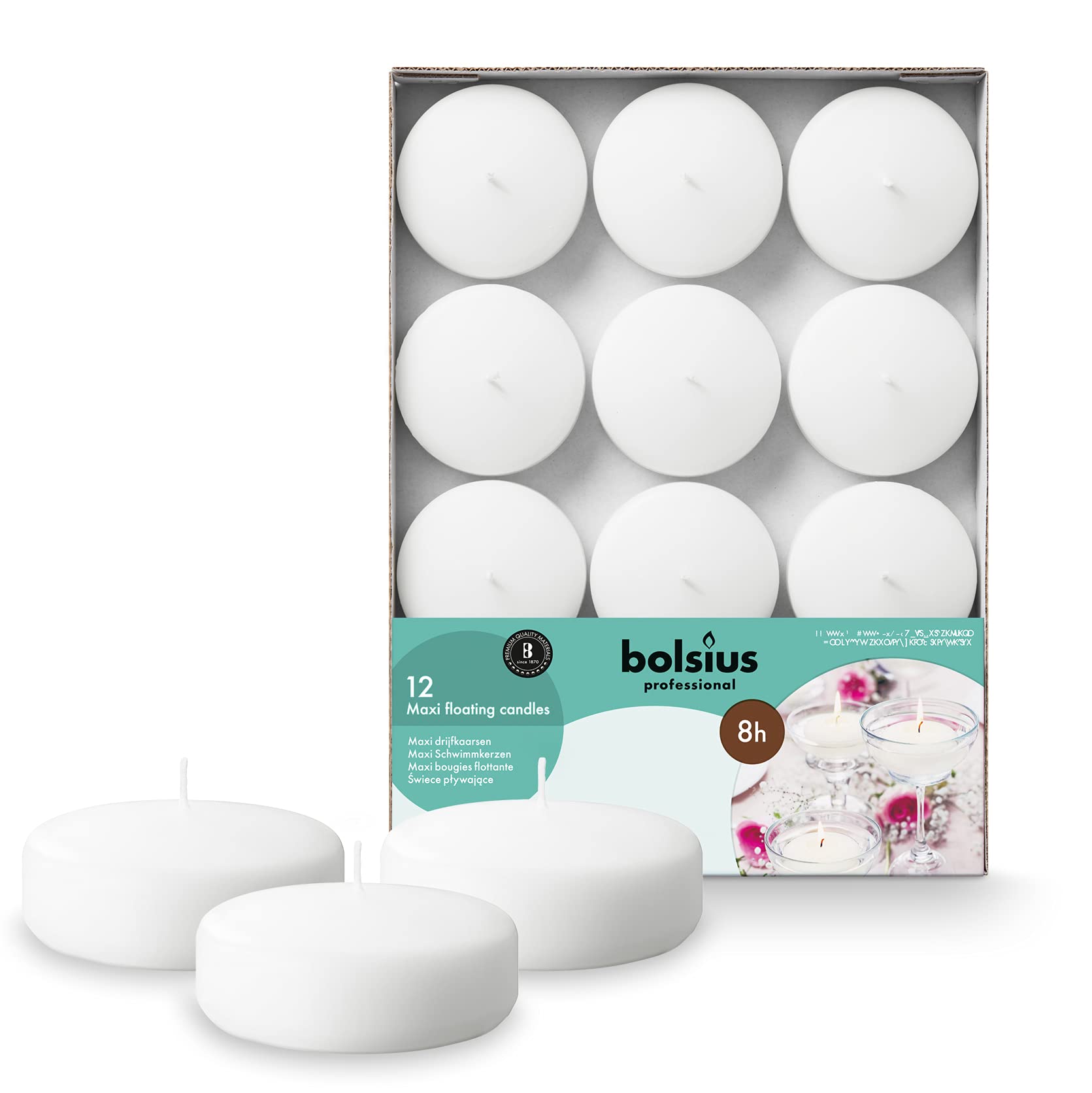 BOLSIUS Maxi Floating Candles - White, 12 Pieces | Ø 7.6 cm | 8 Hour Burn Time