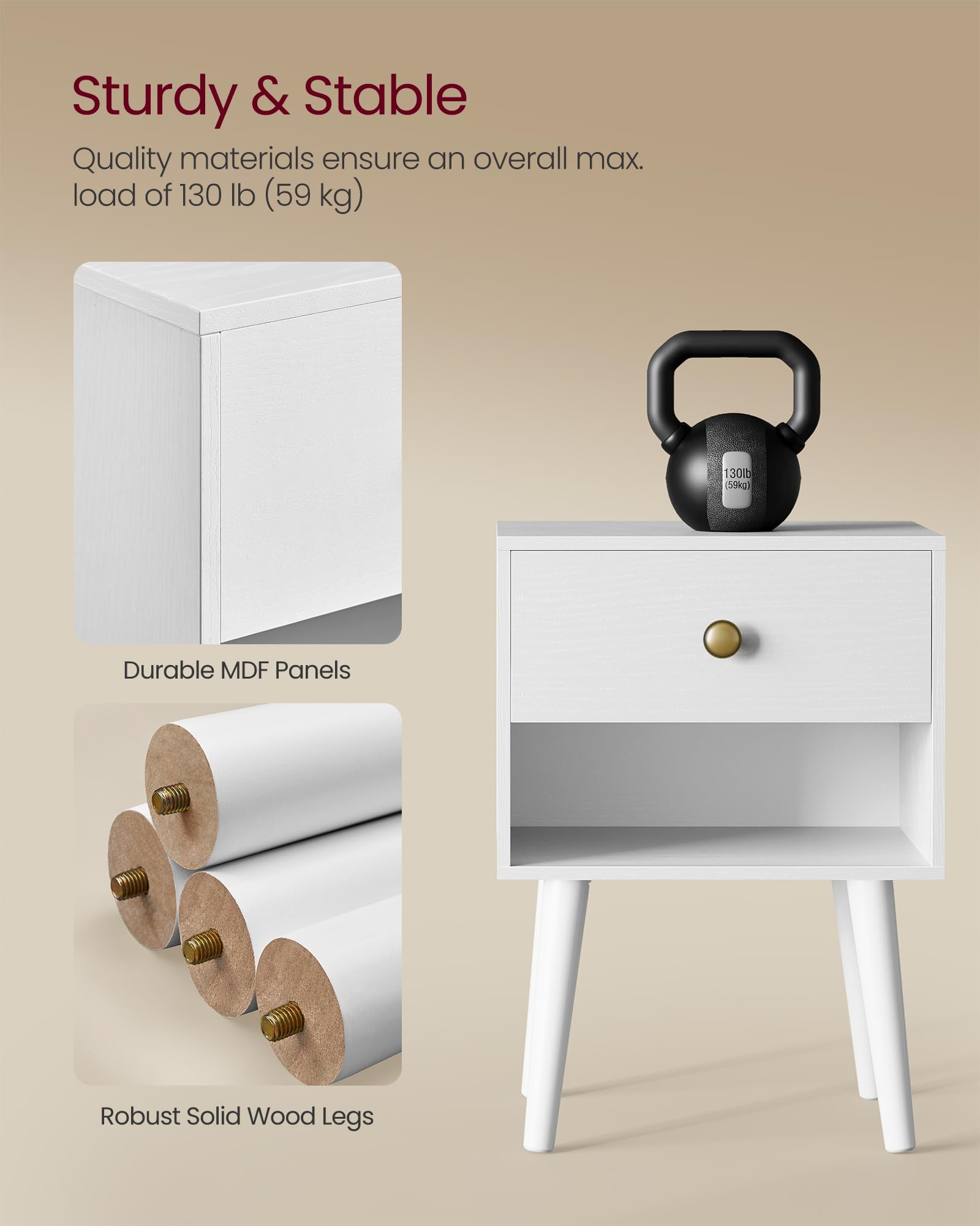 VASAGLE Bedside Table - Cloud White | Storage Drawer & Open Shelf | 28 x 39 x 55 cm 5