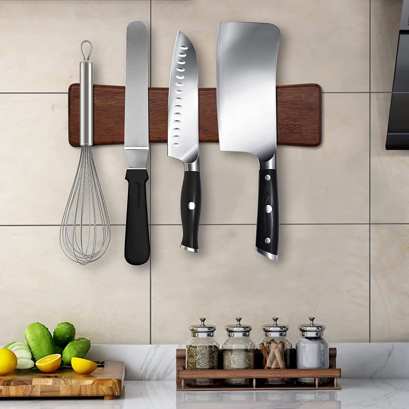 HOSHANHO Magnetic Knife Holder - Acacia Wood, 25cm Strip, Dual Mounting Options 4