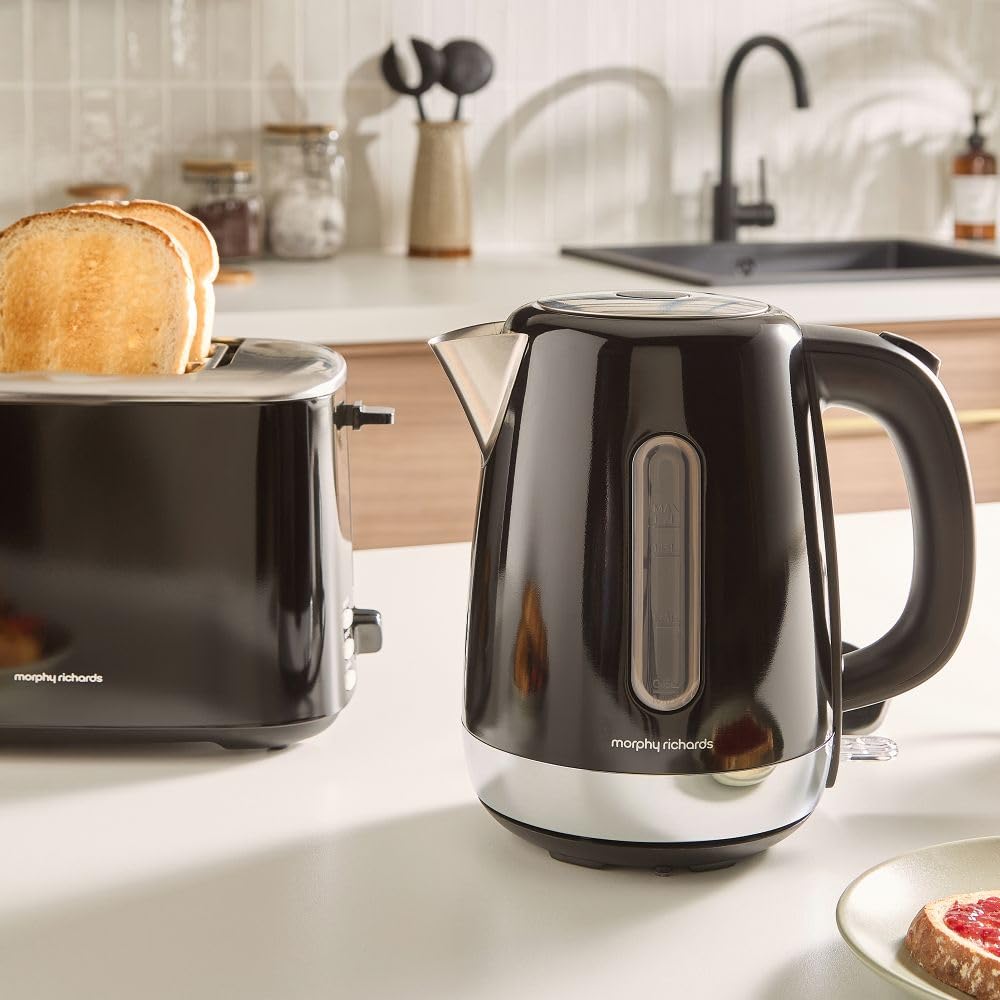Morphy Richards Equip Jug Kettle, 1.7L, 3Kw Rapid boil, Removeable Limescale Filter, Easy View Water Gauge, Stainless Steel Case, Black, 102783 3
