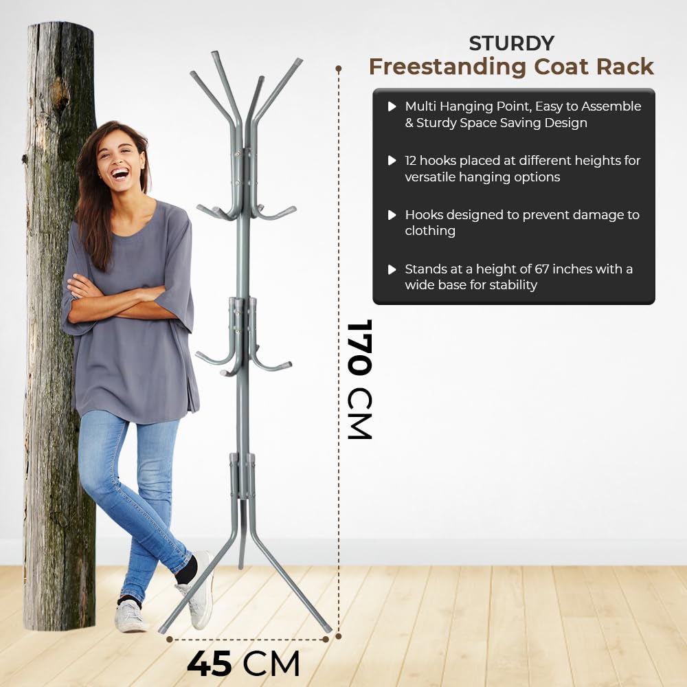 1ABOVE Metal Coat Rack - 12 Hooks Freestanding Clothes Tree | 67 Inches Height | Grey 6