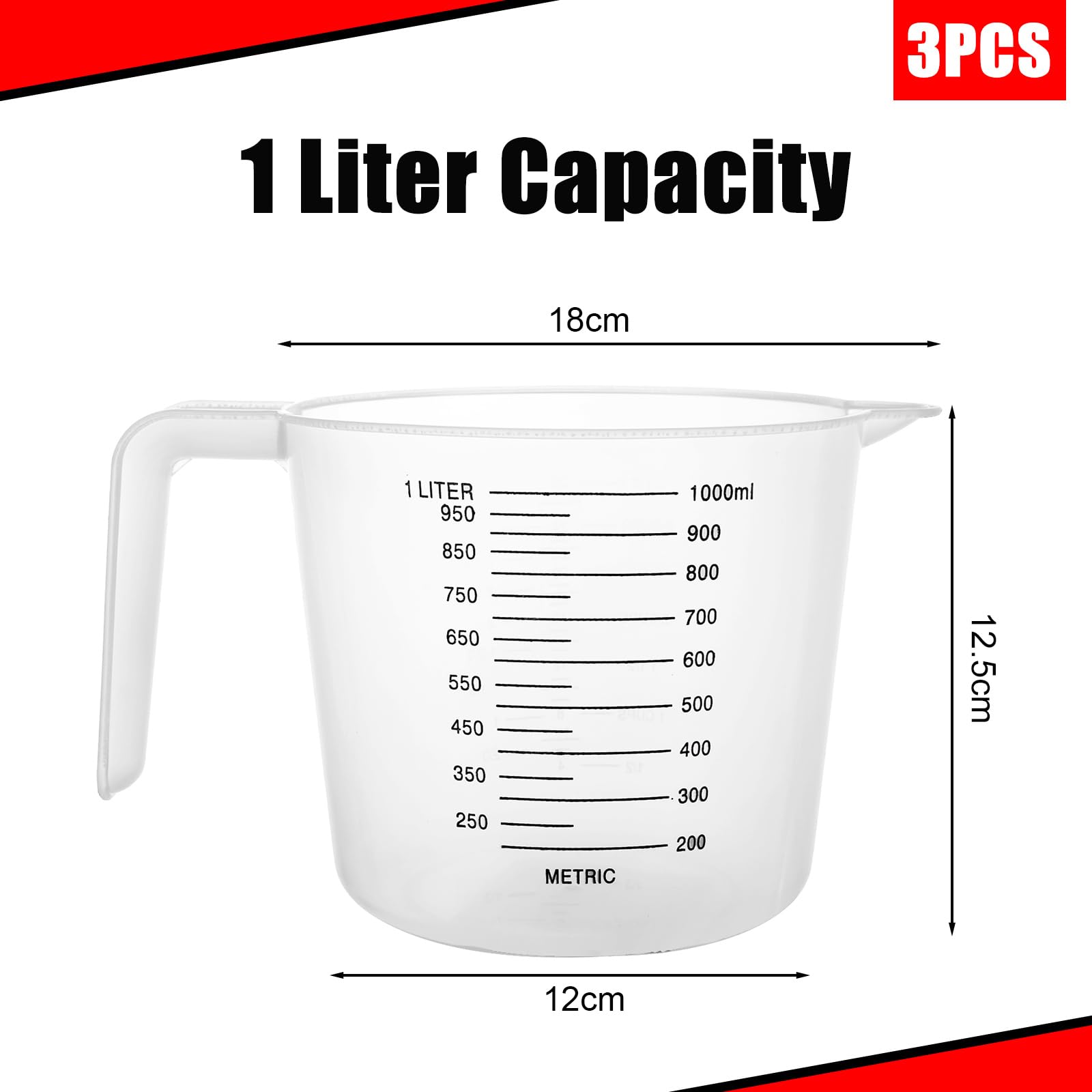 ASelected 3 Pack 1 Litre Plastic Measuring Jugs - Clear, Lightweight, Double Scale 2