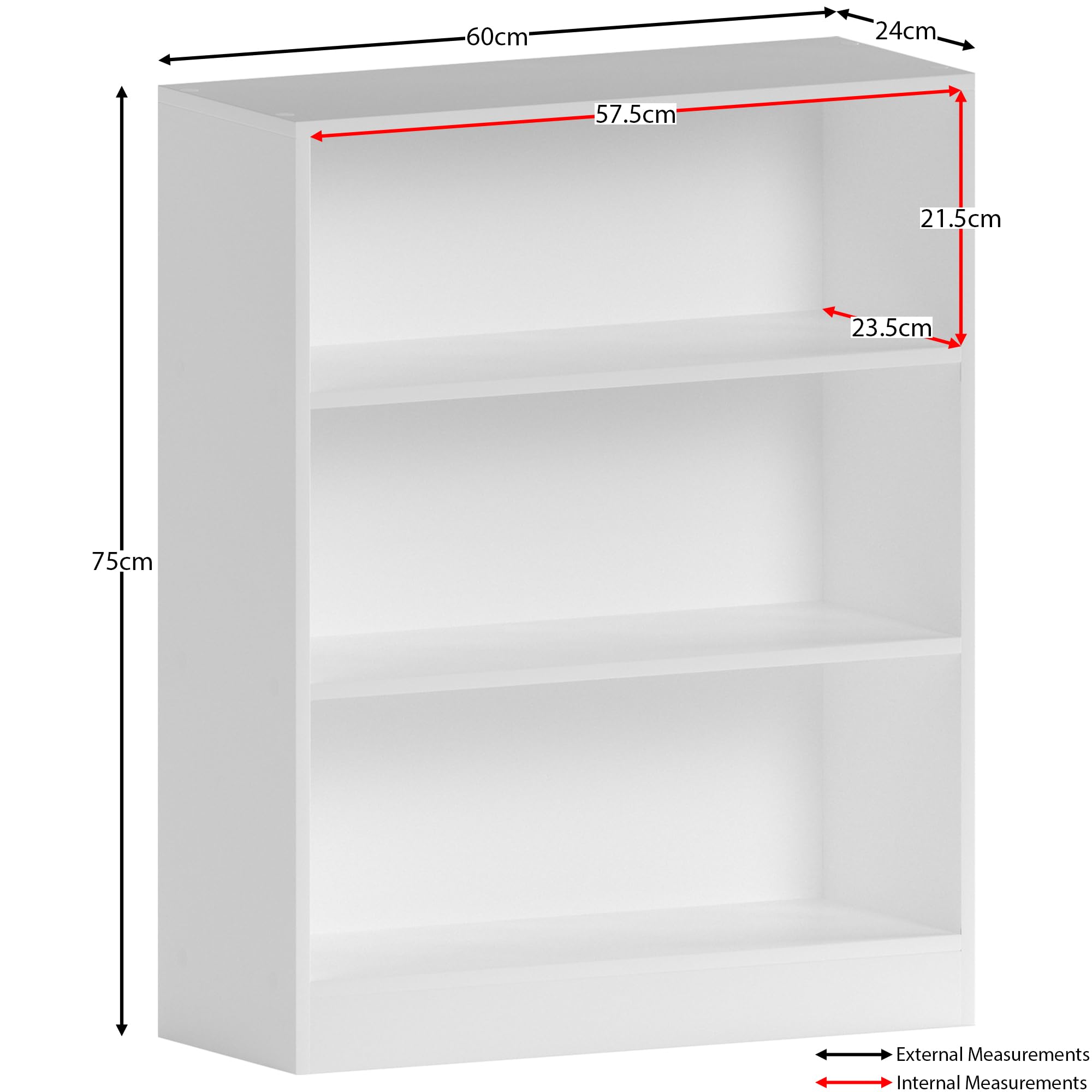 Vida Designs Cambridge Low Bookcase - 3 Tier Storage | White Finish | H 75 x W 60 cm 3