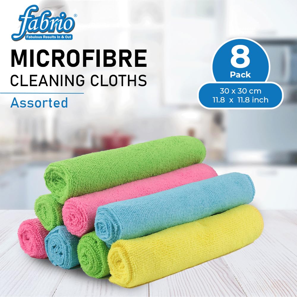 FABRIO Microfibre Cleaning Cloths - Pack of 8, 30x30cm, Ultra-Soft, Lint-Free for Kitchen, Car & Glass 2