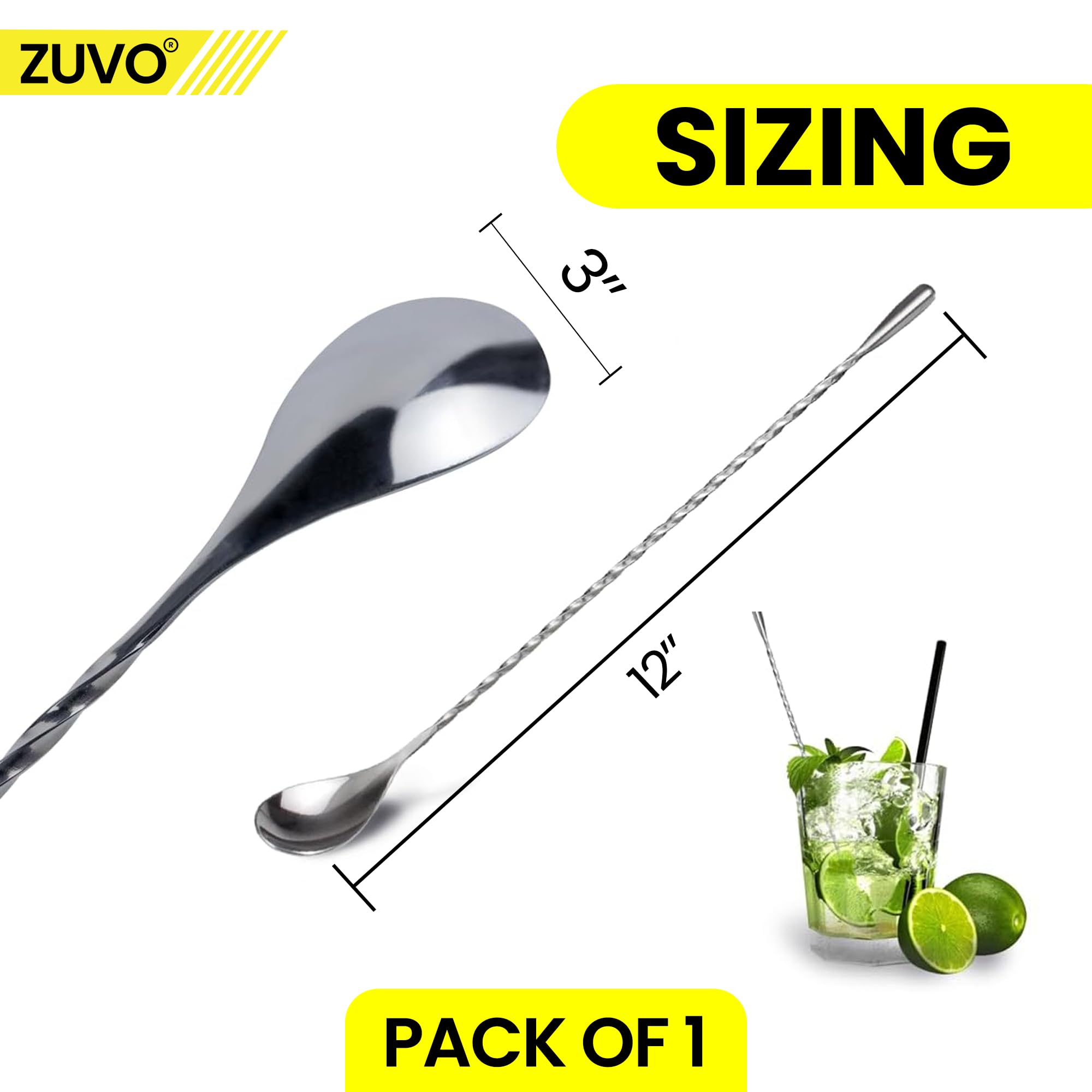 Zuvo Stainless Steel Cocktail Mixing Spoon - 12 Inch Long Bar Spoon | Spiral Grip | Dishwasher Safe 7