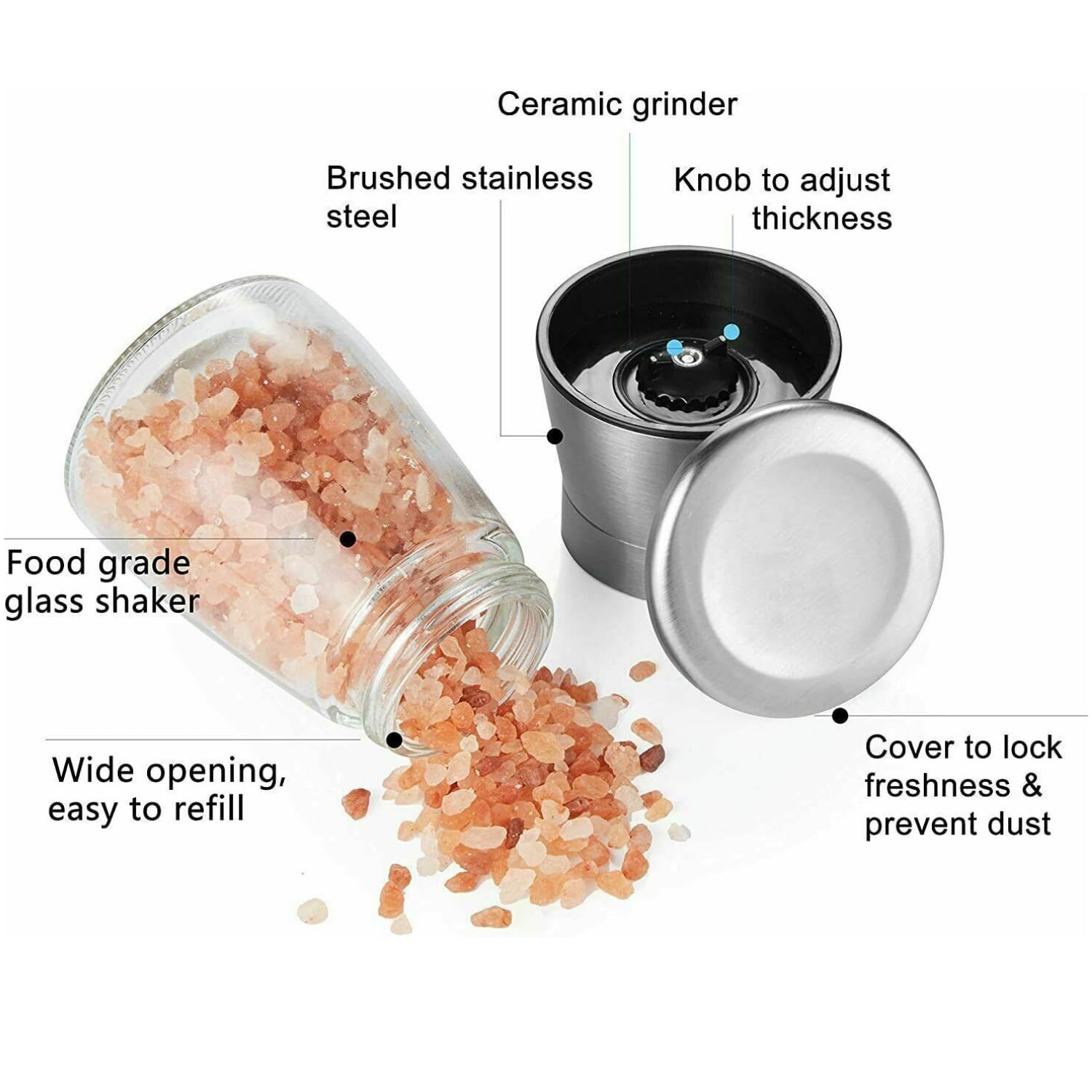 REQUISITE NEEDS Salt & Pepper Grinder Mill Set - Brushed Stainless Steel Finish | Adjustable Coarseness | 2 Mills 3