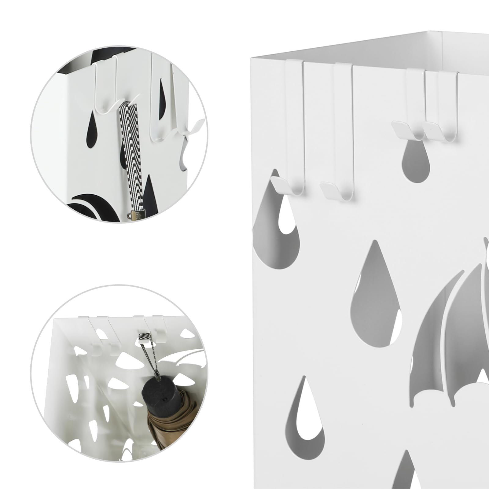 SONGMICS Metal Umbrella Stand - Square Holder with Drip Tray & 4 Hooks | White Stainless Steel 8