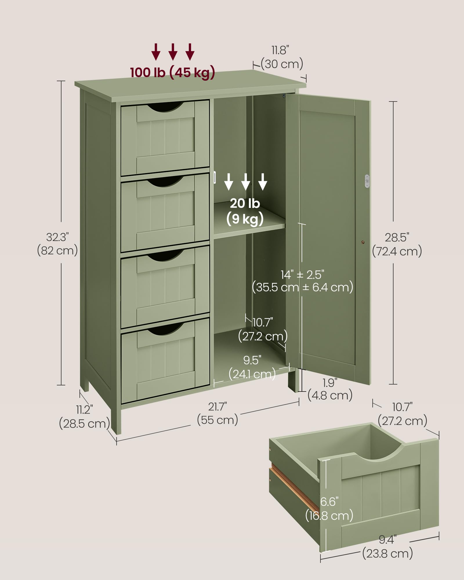 VASAGLE Bathroom Floor Storage Cabinet with 4 Drawers | Laurel Green | Engineered Wood 3