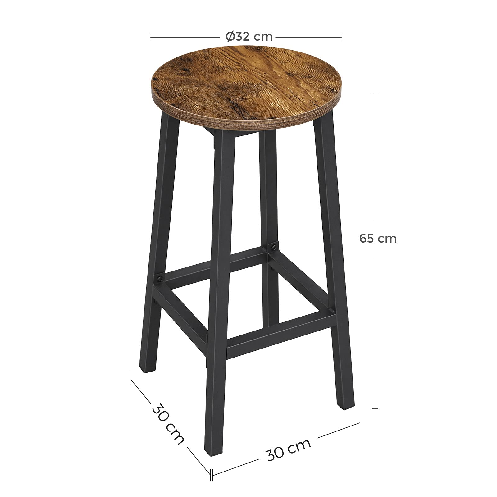 VASAGLE Set of 2 Bar Stools - Industrial Style, Rustic Brown & Black, Steel Frame, 65 cm Height | LBC32X 3