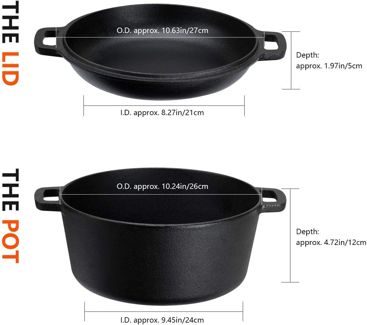 OVERMONT 5 QT Cast Iron Double Dutch Oven with Skillet Lid | Pre-Seasoned | Includes Handle Covers 6