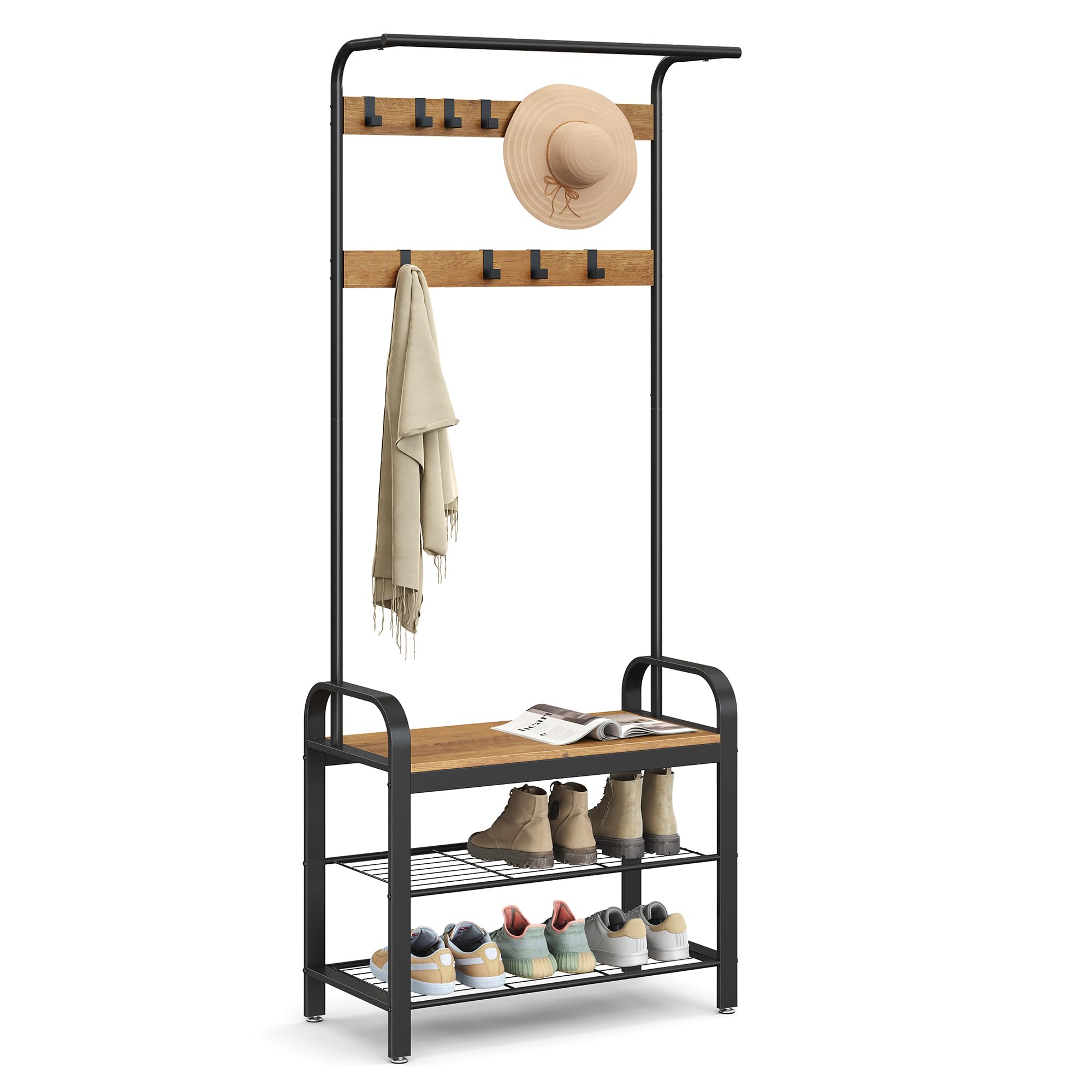 VASAGLE Coat Rack Stand with Shoe Storage Bench | 4-in-1 Design | 9 Removable Hooks | Rustic Walnut & Black