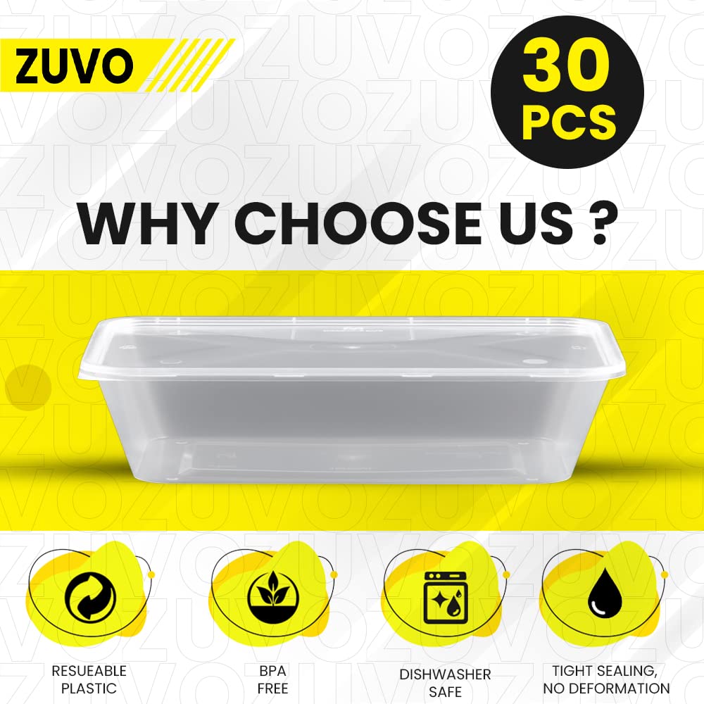 Zuvo Clear Plastic Food Containers - 30 Pack, 500 ML | BPA Free, Microwave & Freezer Safe, Stackable 3