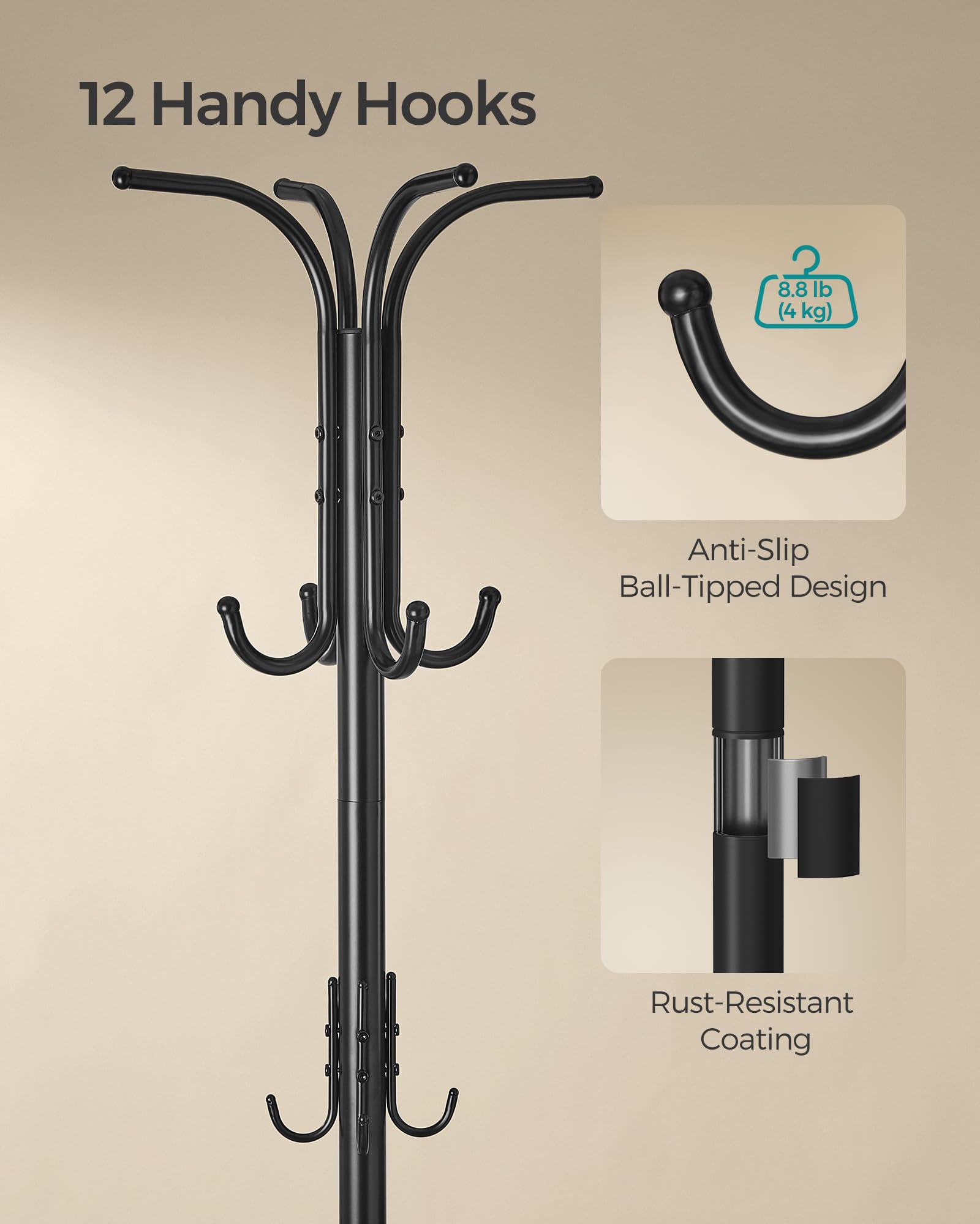 SONGMICS Freestanding Coat Rack with Umbrella Holder | 12 Hooks | Metal | Black 5