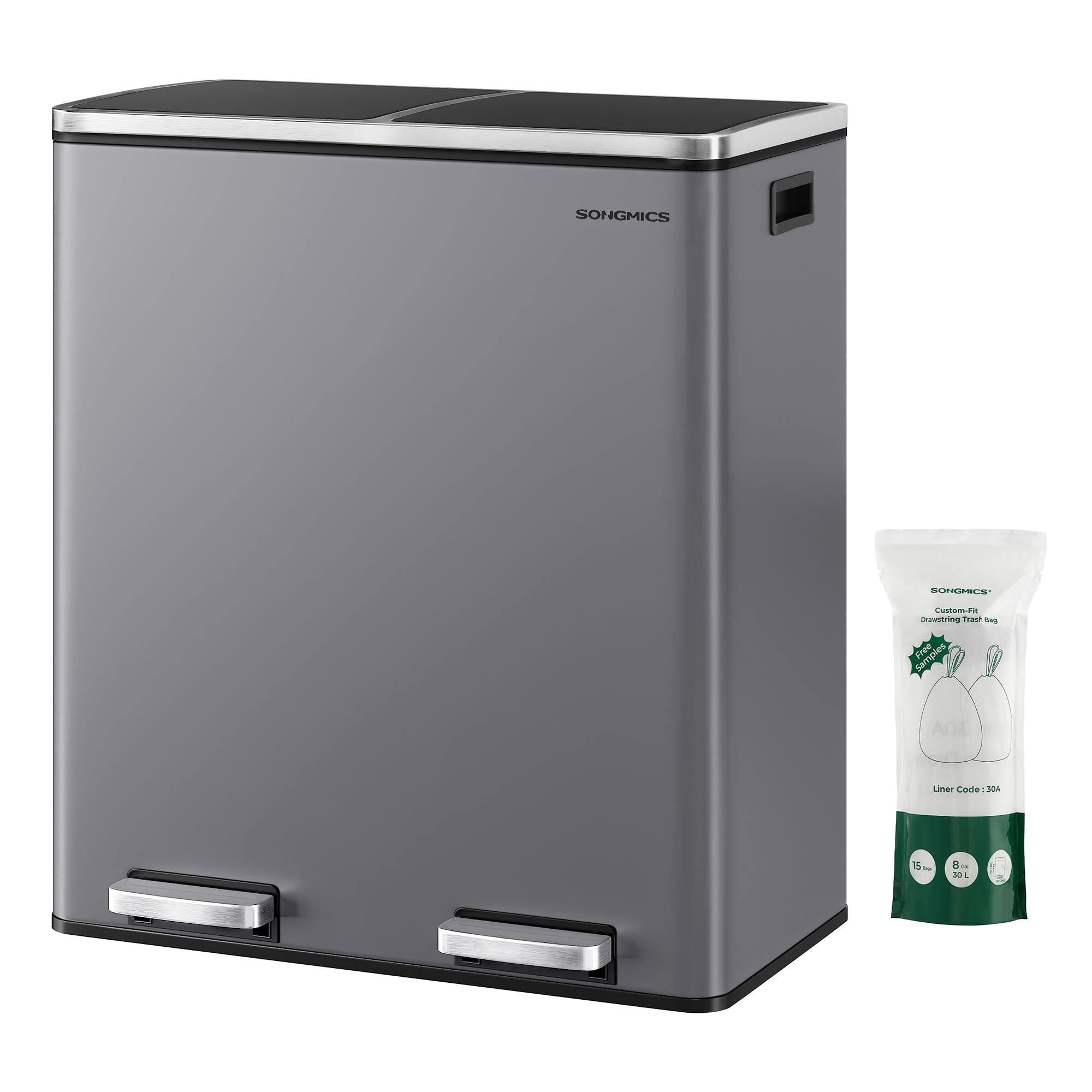 SONGMICS Dual Rubbish Bin - 2 Compartments, 2 x 30L, Soft Closure, Pedal Operated | Slate Grey 1