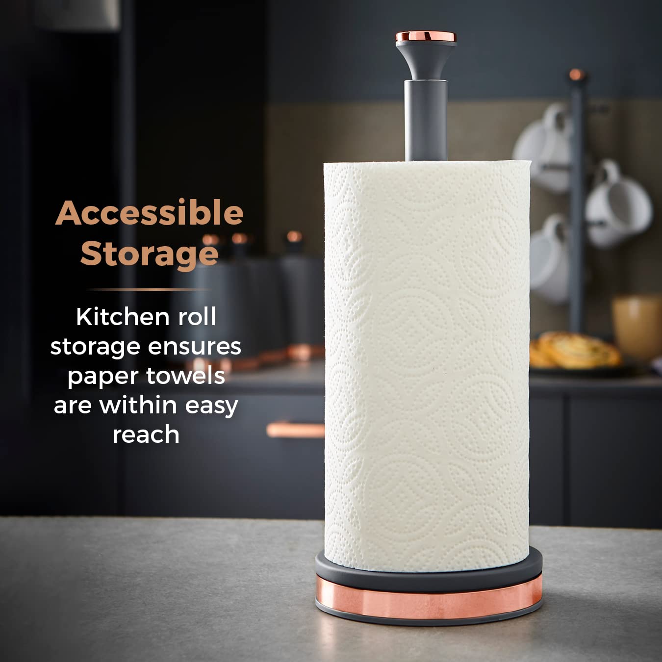 Tower Cavaletto Metal Paper Towel Holder - Stable Base | Fits Standard Rolls | Grey/Rose Gold 3