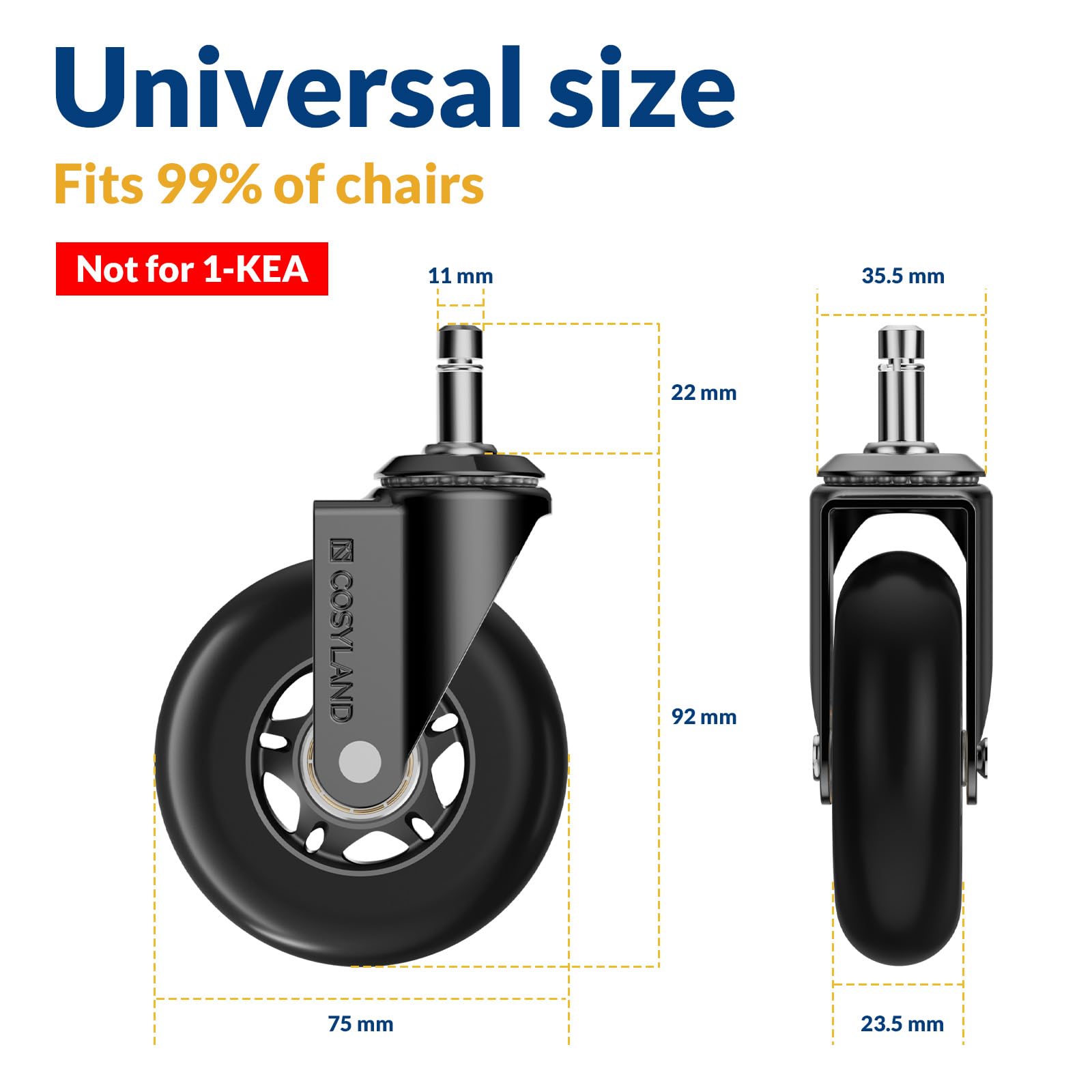 COSYLAND Office Chair Wheels Set of 5 - Heavy-Duty Rubber Roller Blade Castors | 650 lbs Capacity | Universal Stem 6