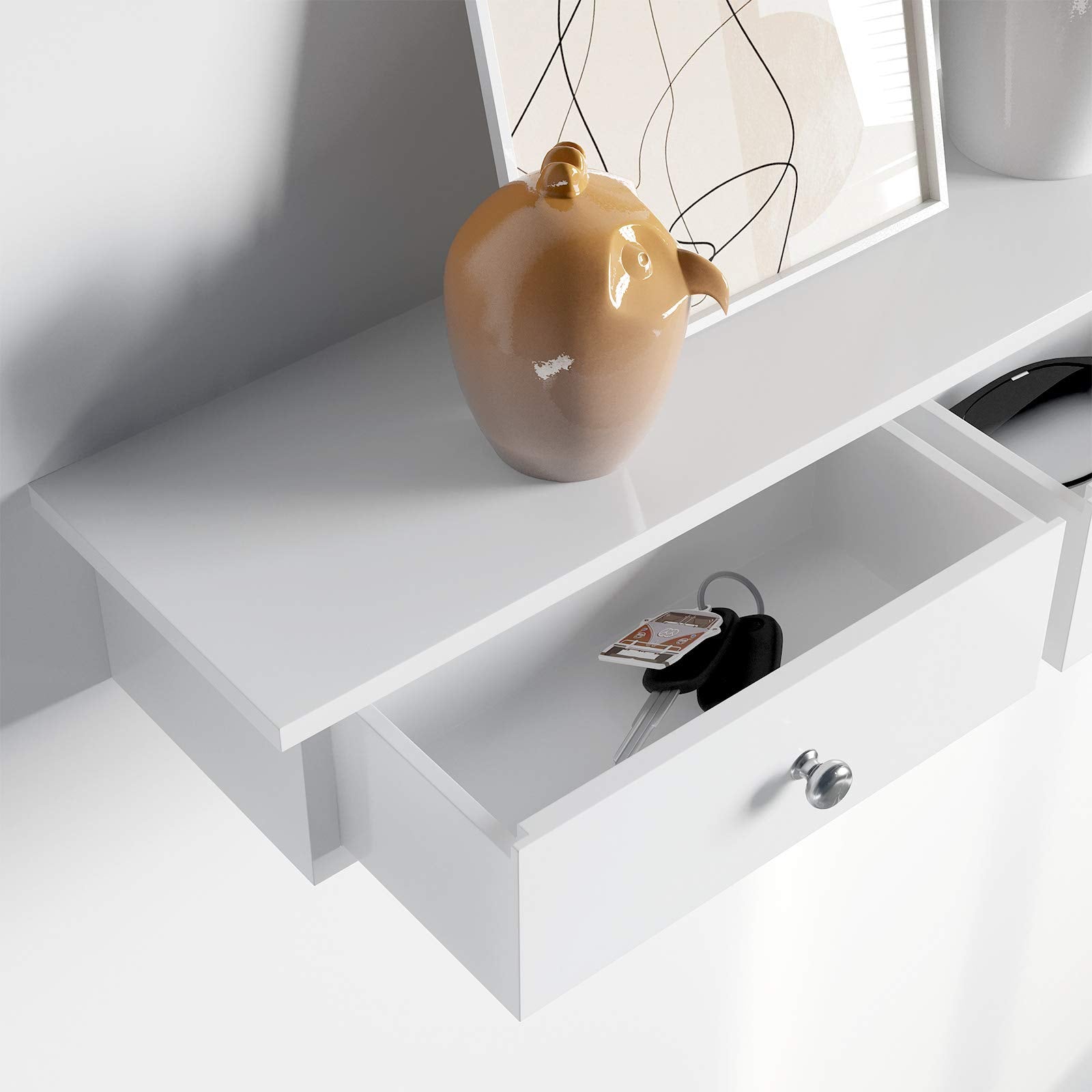 SONGMICS Floating Wall Shelf with 3 Drawers - White | 80 x 15 x 10 cm | Engineered Wood 7