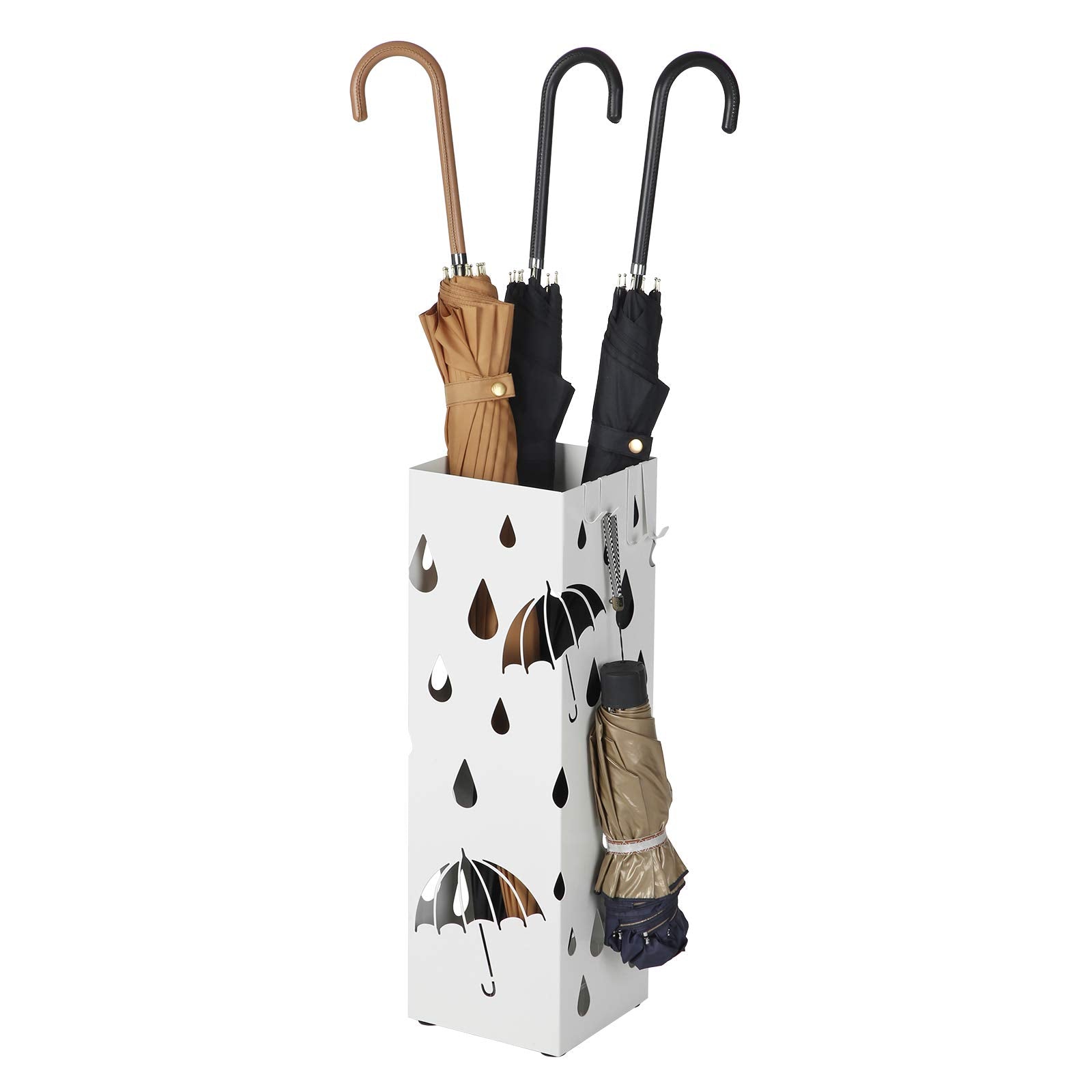 SONGMICS Metal Umbrella Stand - Square Holder with Drip Tray & 4 Hooks | White Stainless Steel 2