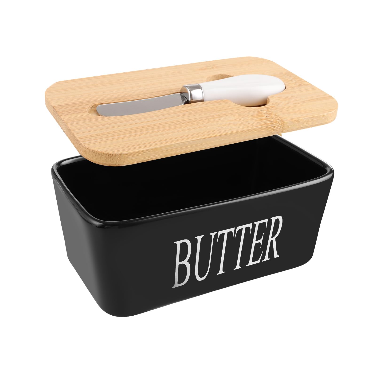 ASelected Large 650ml Ceramic Butter Dish with Bamboo Lid | Rectangular, Black, Dishwasher Safe