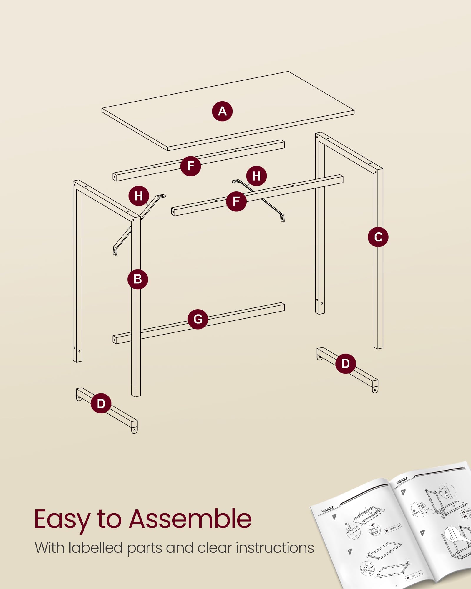 VASAGLE Computer Desk - Compact 100 x 50 cm Workspace | Natural Oak & Pearl White | 50 kg Load Capacity 6