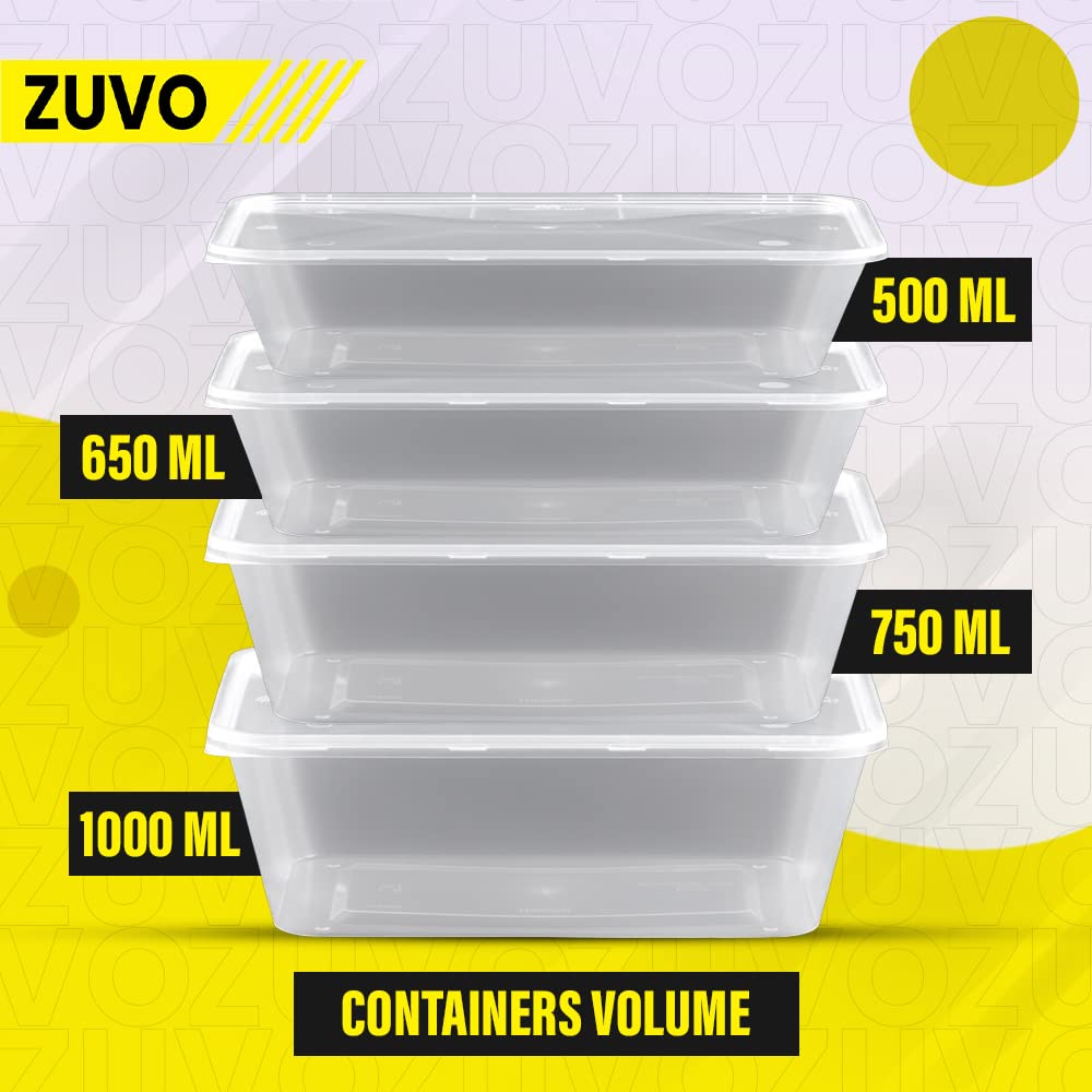 Zuvo Rectangular Plastic Food Containers - 750ml, Pack of 50 | Microwave, Freezer, Dishwasher Safe