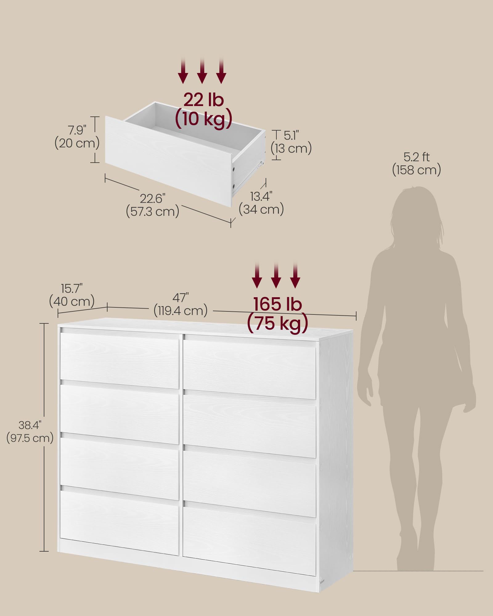 VASAGLE KAILYN Collection Chest of Drawers - 8 Drawers, Snow White | Slim Storage Organizer 3