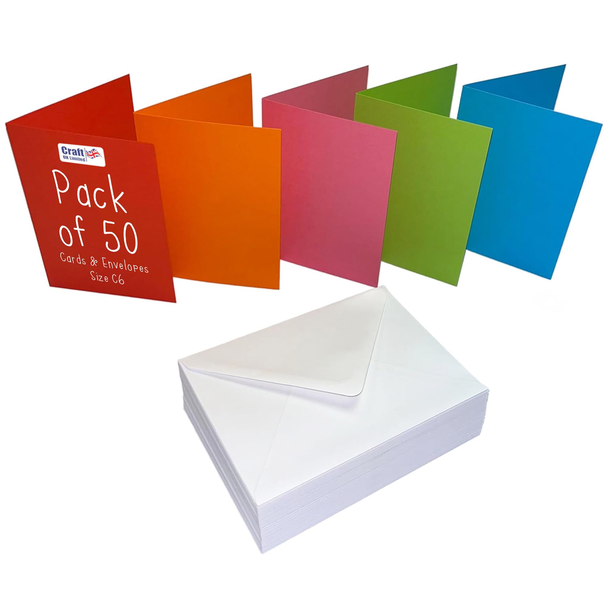 Craft UK C6 Card Stock Pack of 50 - Mixed Colours with White Envelopes | 225gsm 1