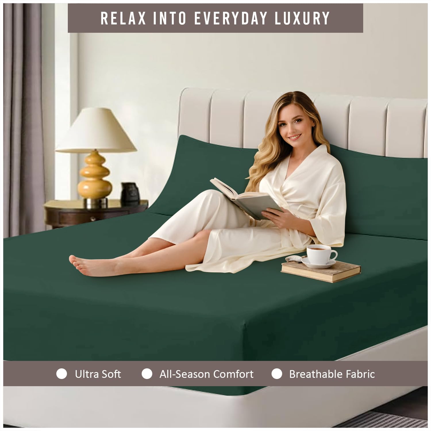 Super Dreamer 100% Polyester Fitted Sheet - King Size Deep Pocket (25cm) | Dark Green | Soft & Smooth 2