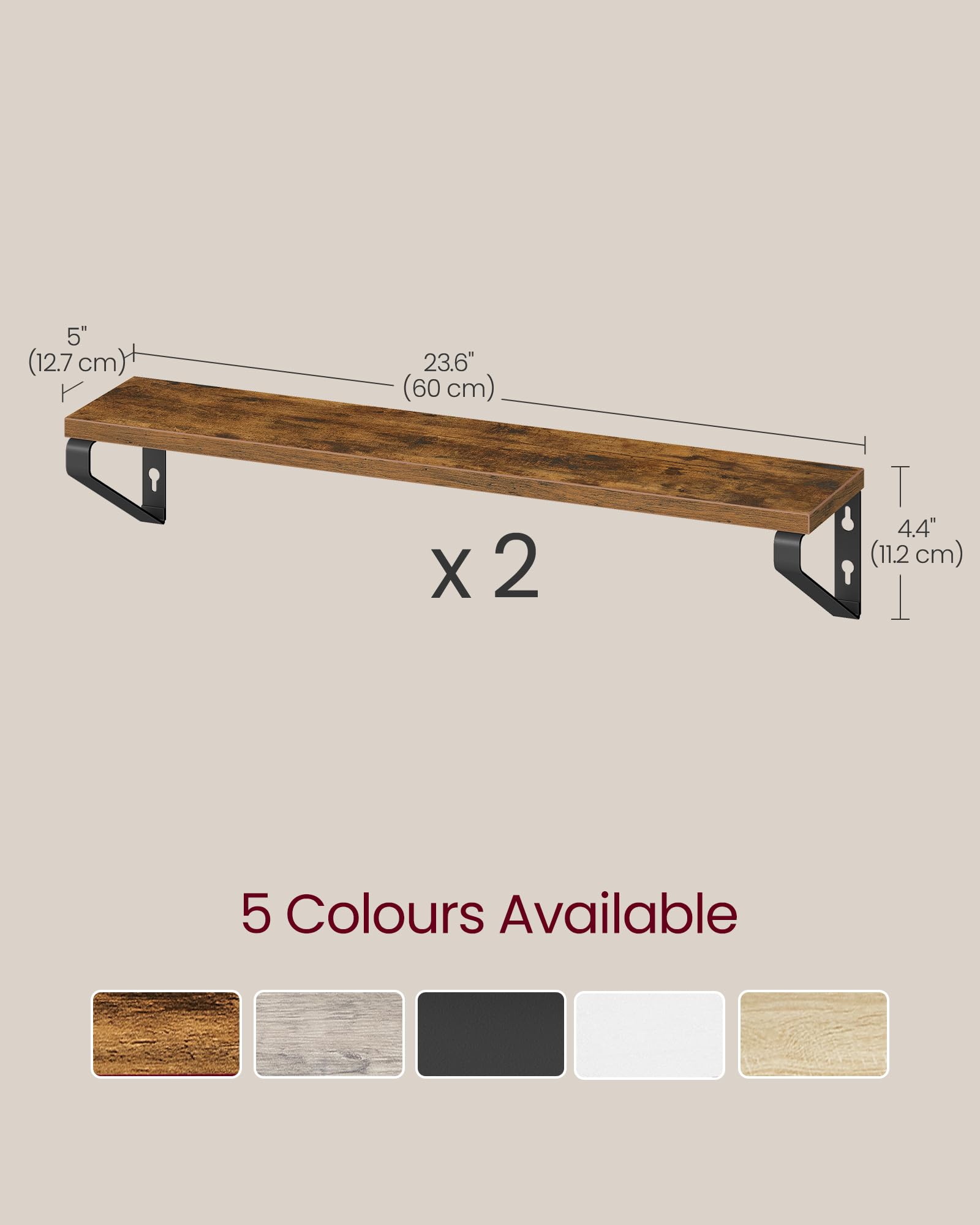 VASAGLE Floating Wall Shelves - Set of 2 Rustic Brown Shelves | Heavy Duty Steel Brackets | 22 lb Capacity 3