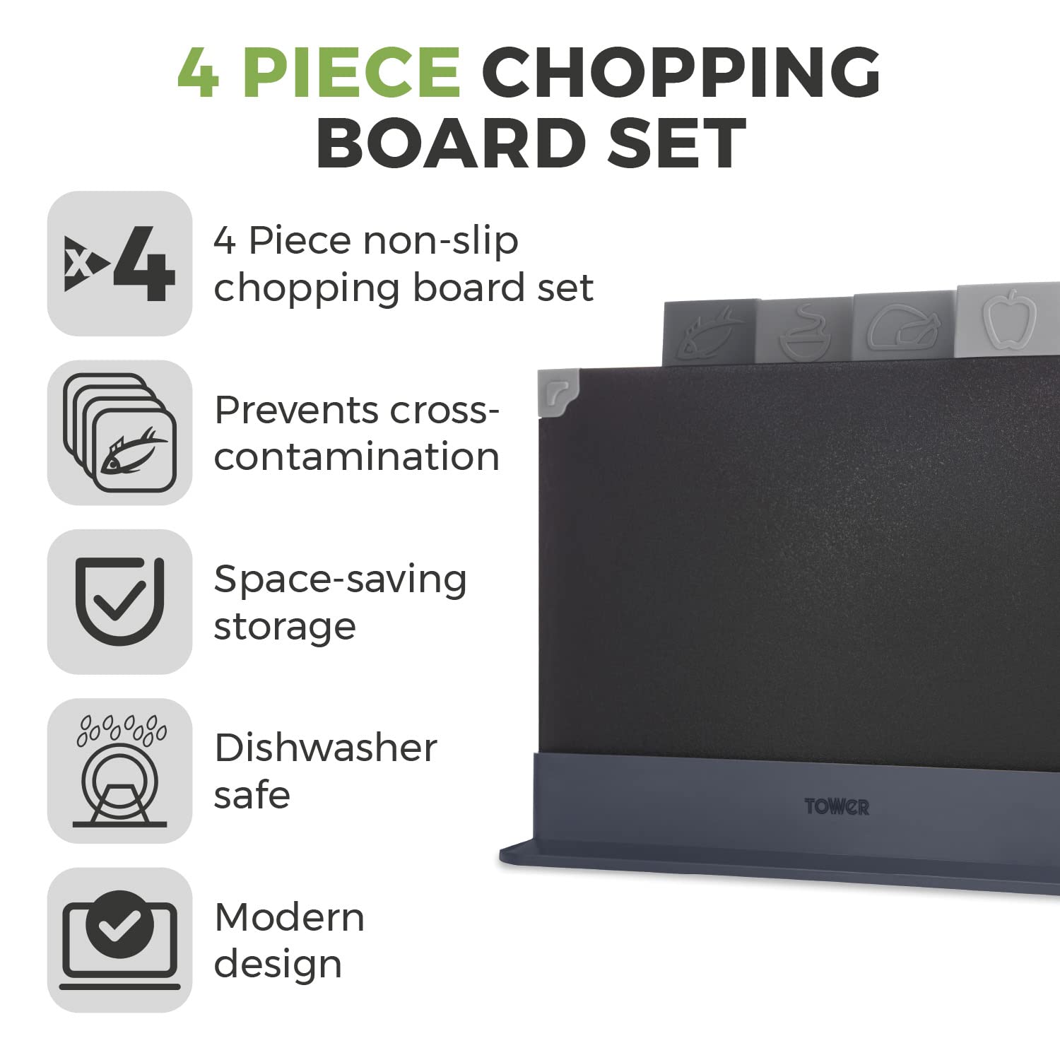 Tower 4-Piece Chopping Board Set with Stand | Plastic | Black | Includes Index Tabs 2