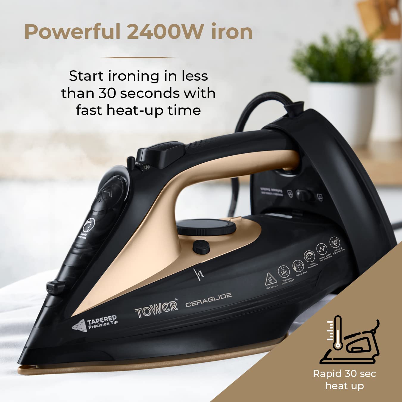 Tower T22008BKG CeraGlide Cordless Steam Iron - 2400W Power | Cordless/Corded Use | Ceramic Soleplate 5
