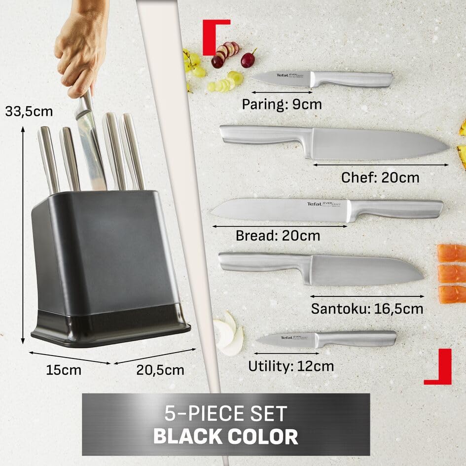 Tefal EverSharp Pro 5-Pc Kitchen Knife Set with Integrated Automatic Sharpener | German Stainless Steel 10